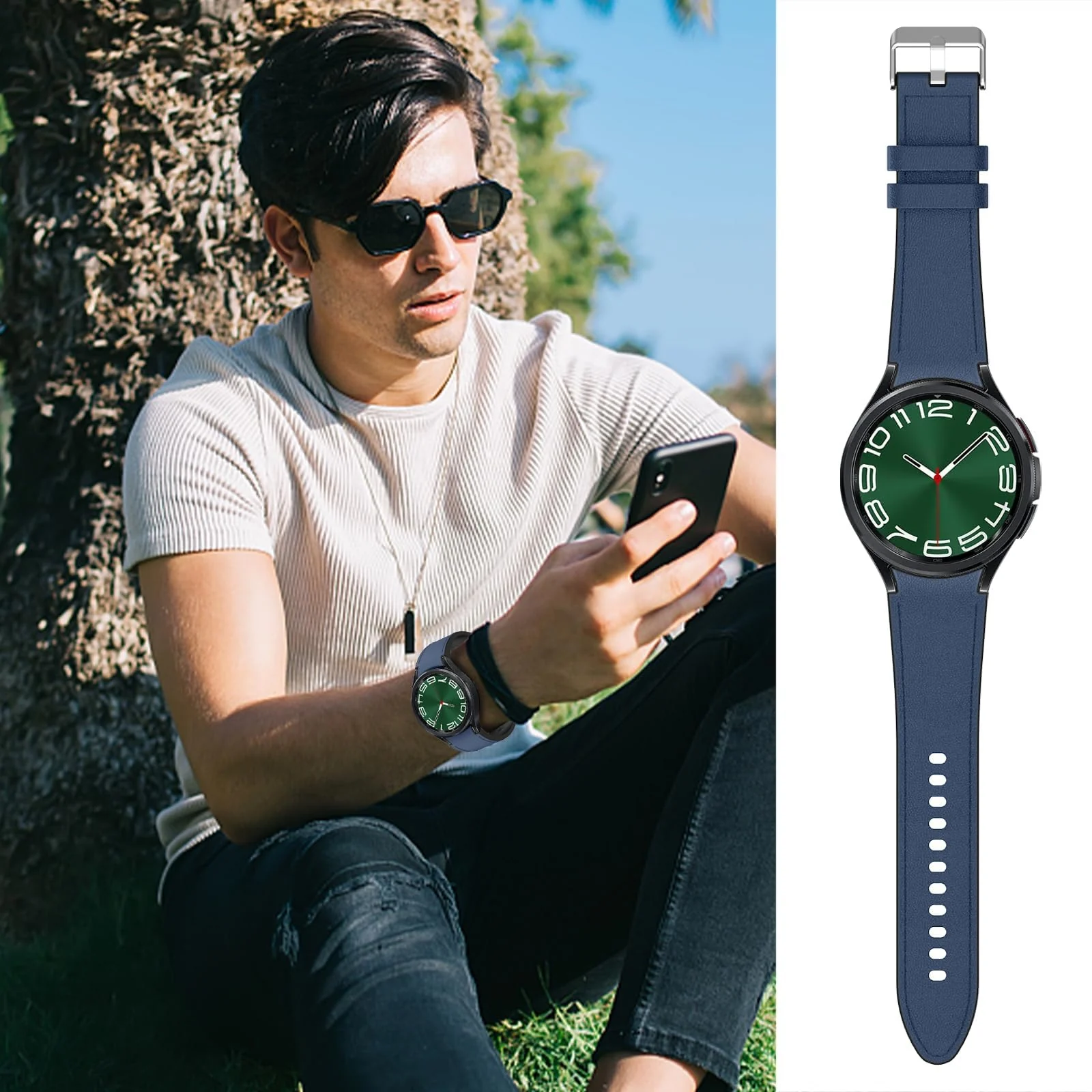 DL3 Mobilak No Gap Leather silicone Bands Compatible with Samsung Galaxy Watch 6 5 4 40mm 44mm, Galaxy Watch 5 Pro Band 45mm/ Watch 6 4 Classic Band 42mm 46mm 43mm 47mm Soft Strap - Blue