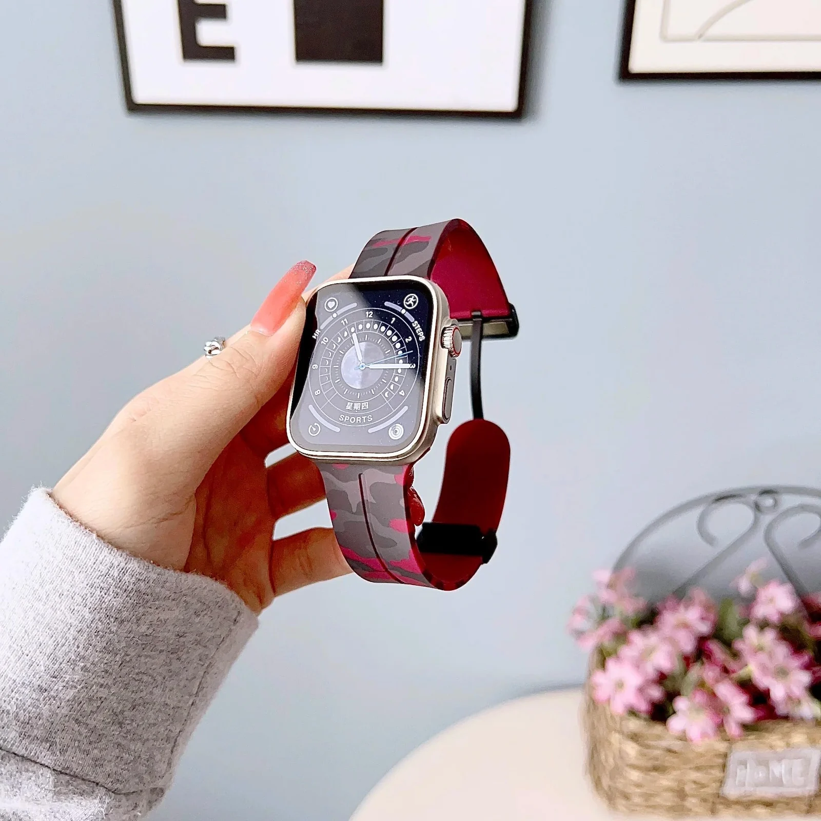 DL3 Mobilak Silicone Magnetic Strap for Apple Watch Ultra Band 49mm 45mm 44mm 42mm 41mm 40mm 38mm Men/Women, Strap for iwatch Series 9/8/7/6/5/4/3/2/SE/Ultra2 (Camouflage Burgundy, 38mm/40mm/41mm) - Black