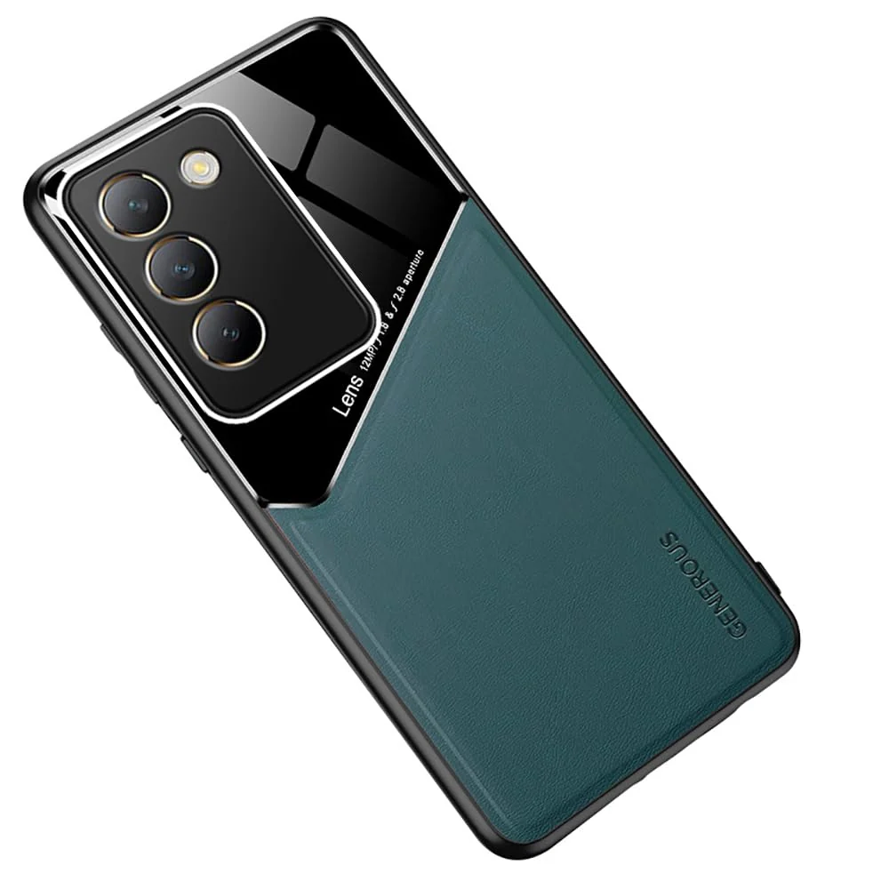 DL3 Mobilak Luxury Case Compatible with Vivo V30 Lite, Ultra-Thin Soft TPU Frame, Back Leather Mixed Double+Plexiglass Protective Cover With Built-in Car Magnetic - Green