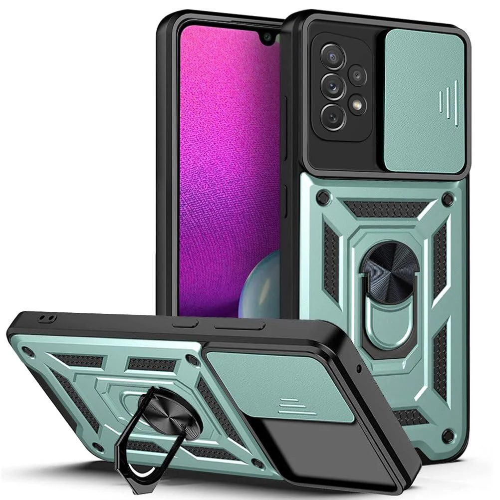 DL3 Mobilak Military-Grade Protective Case with Sliding Camera Cover, Metal Ring Kickstand and Magnetic Car-Mount Support for Samsung Galaxy A33 5G - Green