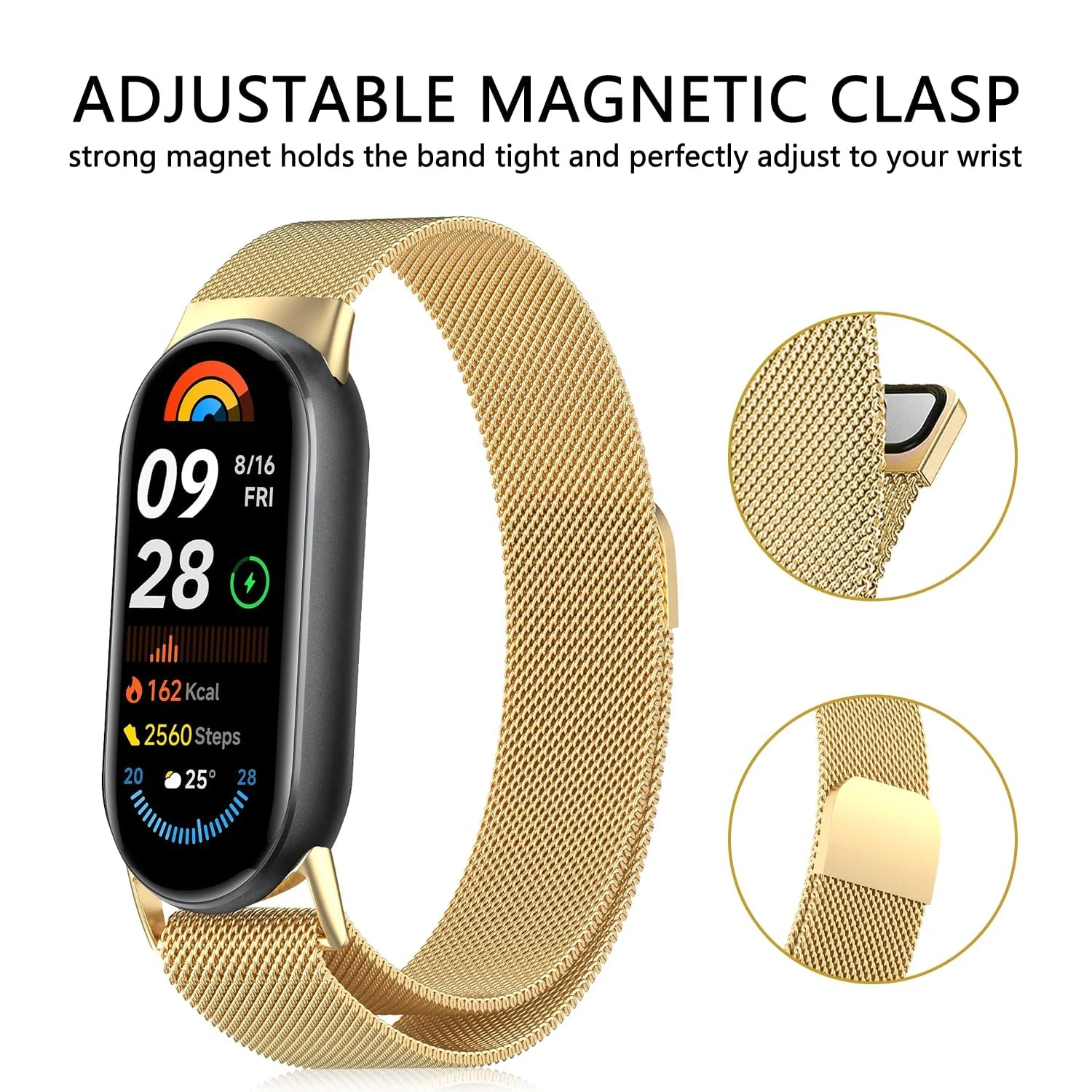 DL3 Mobilak Bracelet Compatible with Xiaomi Mi Band 10/9/8, Stainless Steel Replacement Straps, Mesh Metal Watch Strap, Magnetic Adjustable Replacement Strap For Xiaomi Smart Band 8/9/10 - Gold