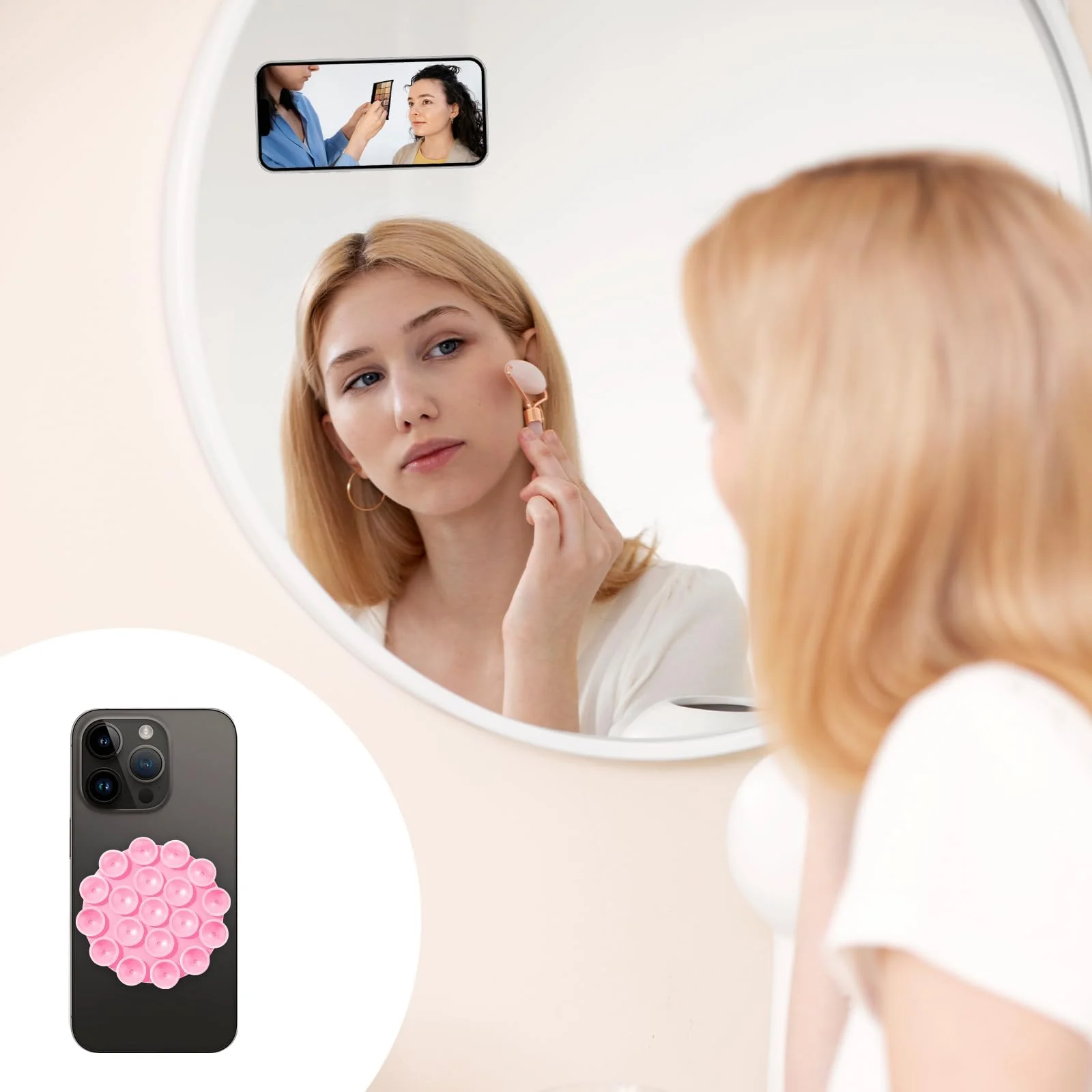 DL3 Mobilak Silicone Suction Cup Phone Mount for iPhone and Android, Double-sided suction design, Hands-free phone support, Strong suction grip - Light Pink