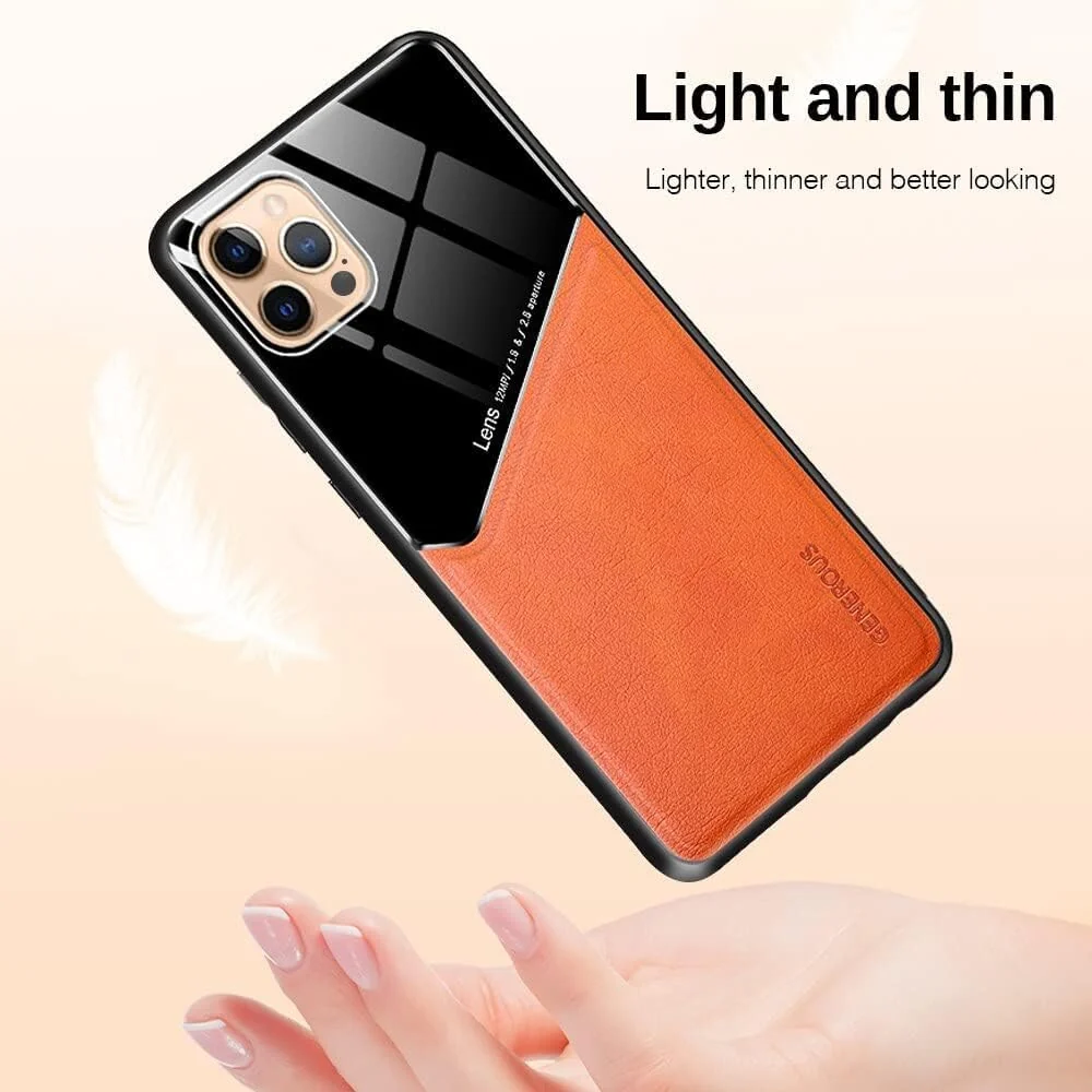 DL3 Mobilak Luxury Case For Samsung Galaxy A15, Ultra-Thin Soft TPU Frame, Back Leather Mixed Double+Plexiglass Protective Cover With Built-in Car Magnetic - Orange