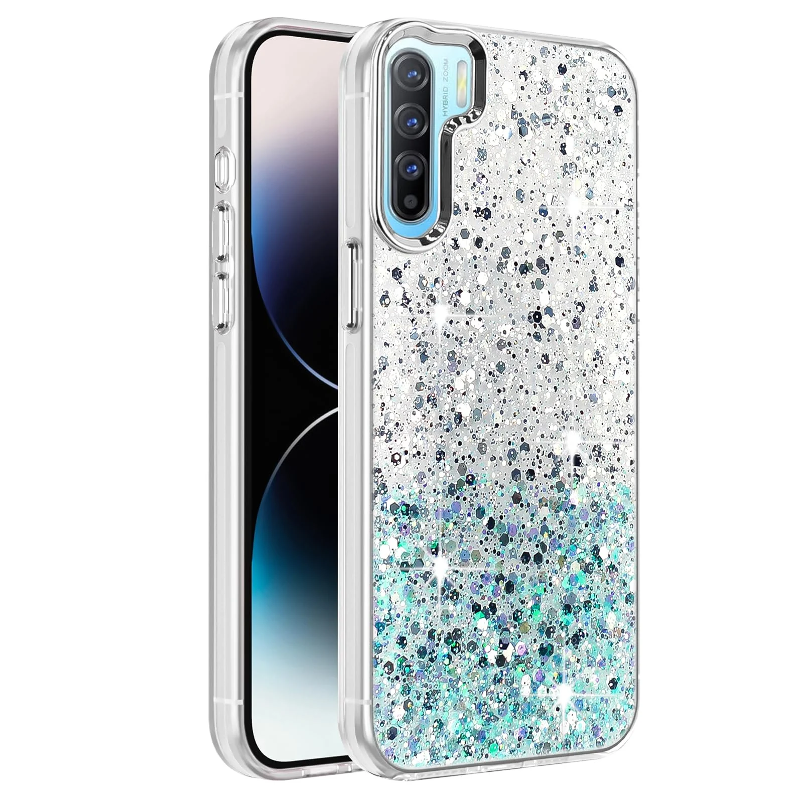 Dl3 Mobilak Compatible with Oppo Reno 3 Case, Clear Glitter Bling Sparkly, Soft TPU Frame Bumper, Hard-Back Cover for Women & Girls, Transparent Protective Phone Case (Pink Purple)