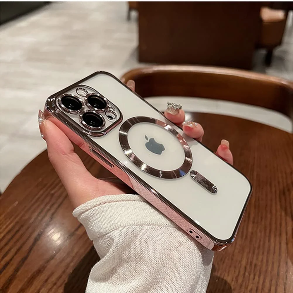 DL3 MOBILAK Case for iPhone 14 Pro Max (6.7 Inch) Compatible with MagSafe, with Camera Lens Protector, Magnetic Clear Case Slim Plated Protective Case - Rose Gold