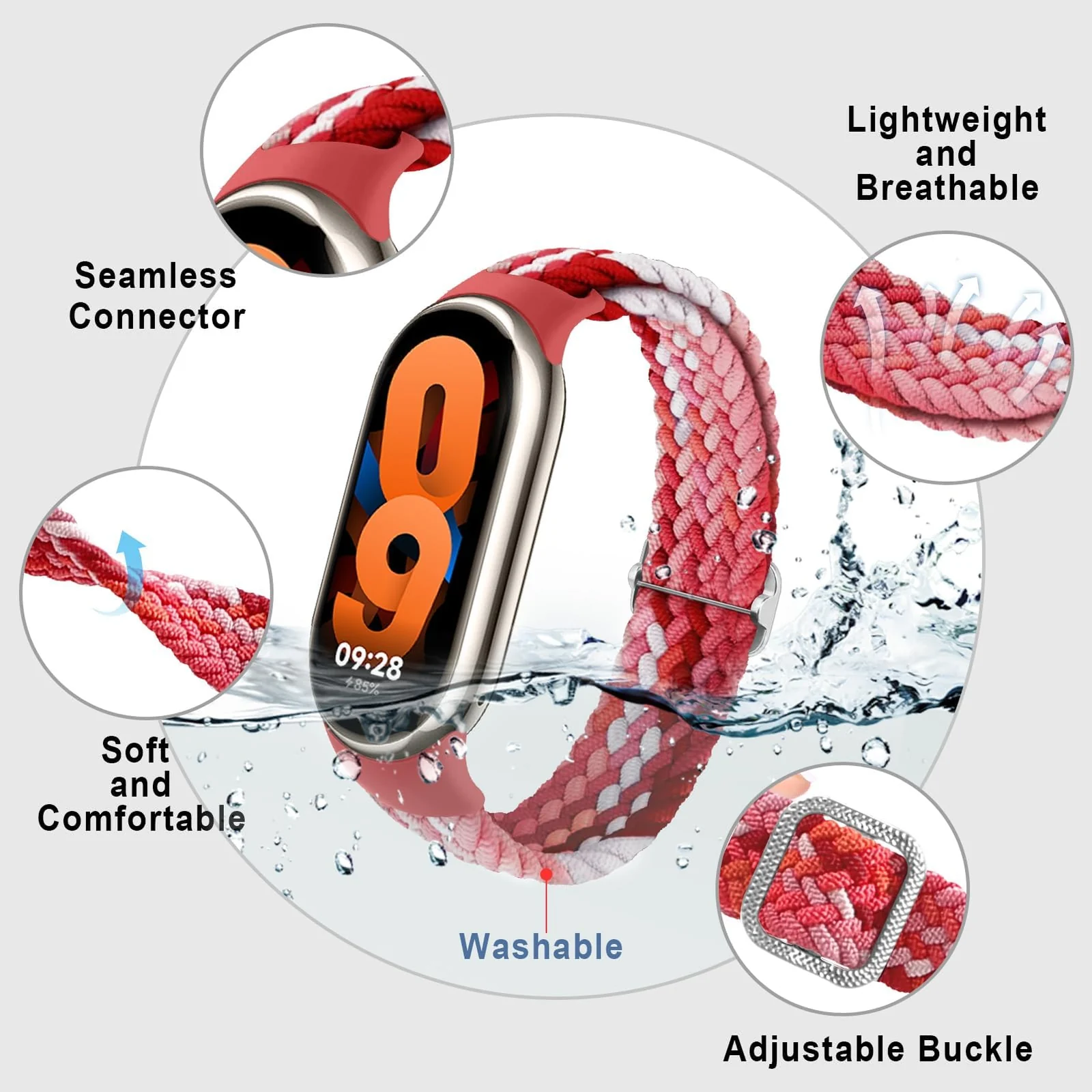 DL3 Mobilak Compatible with Xiaomi Mi Band 10/9/8 strap, Braided Solo Loop for Nylon Elastic Adjustable Replacement Wristband Compatible with Xiaomi Smart Band 8/9/10 - Colorful Red