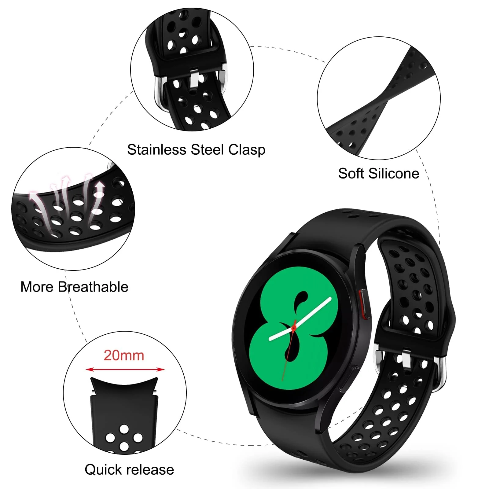 DL3 Mobilak Silicone Sport Band 20MM Strap For Samsung Galaxy Watch 7 6 5 4 40mm 44mm/5 Pro 45mm/S2 classic/active 2 40mm 44mm/Amazfi GTS 2/2e/GTS 3/3 Pro/GTS 4/GTS 2 Mini/3 Mini/4 Mini/Bip3/Bip 3 Pro - Black