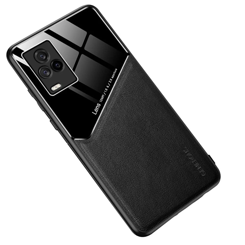 DL3 Mobilak Leather and PC Protective Case for vivo V21e 4G / Y73 2021, Built-in magnetic car-mount support, Shock-absorbing protection, Raised edges around the screen and camera - Black