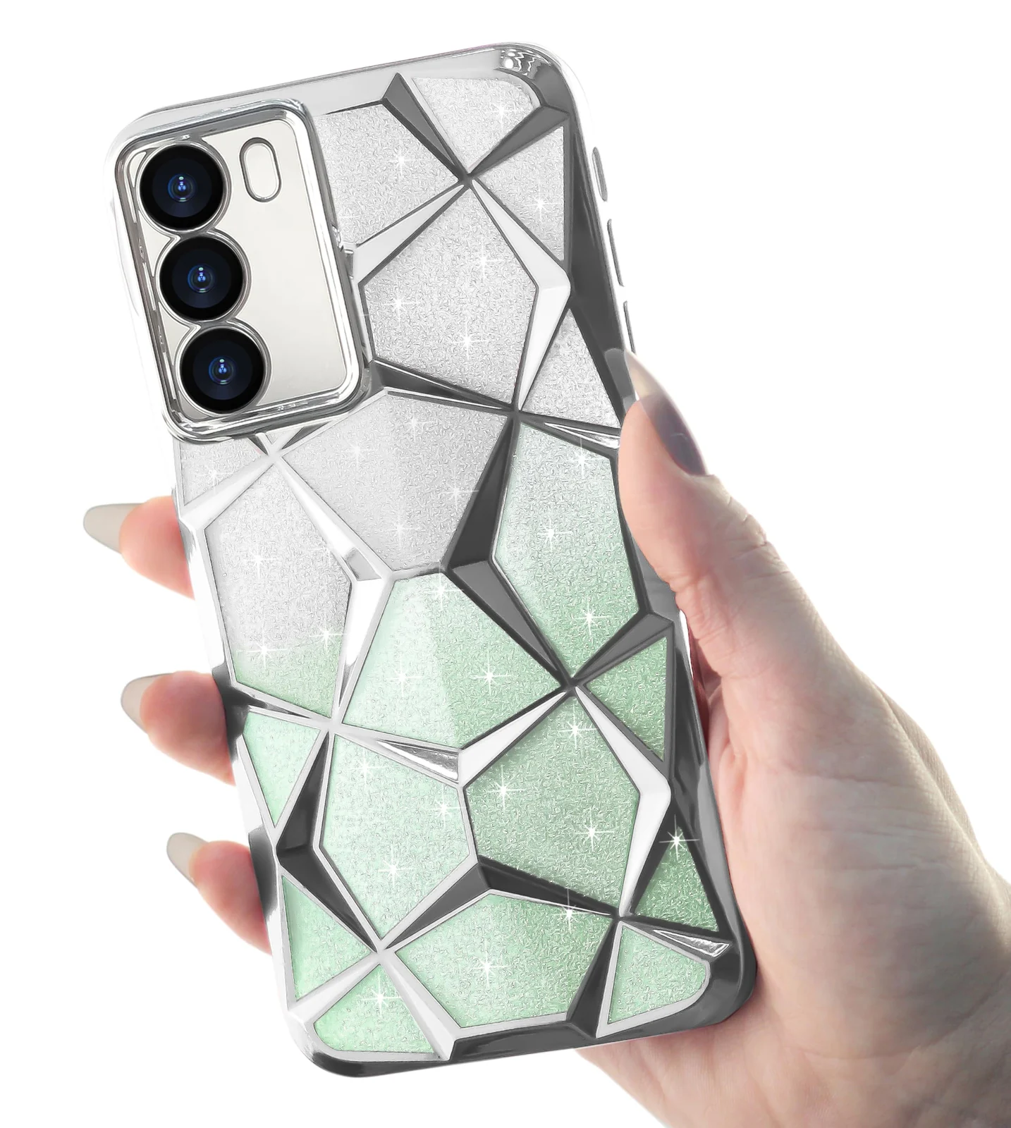 DL3 Mobilak Compatible with Infinix Hot 50 4G Case Plating Bling Gradient Glitter Clear Cover Soft TPU Silicone Cute Camera Protection Shockproof Back for Women Girls Case - Silver Green