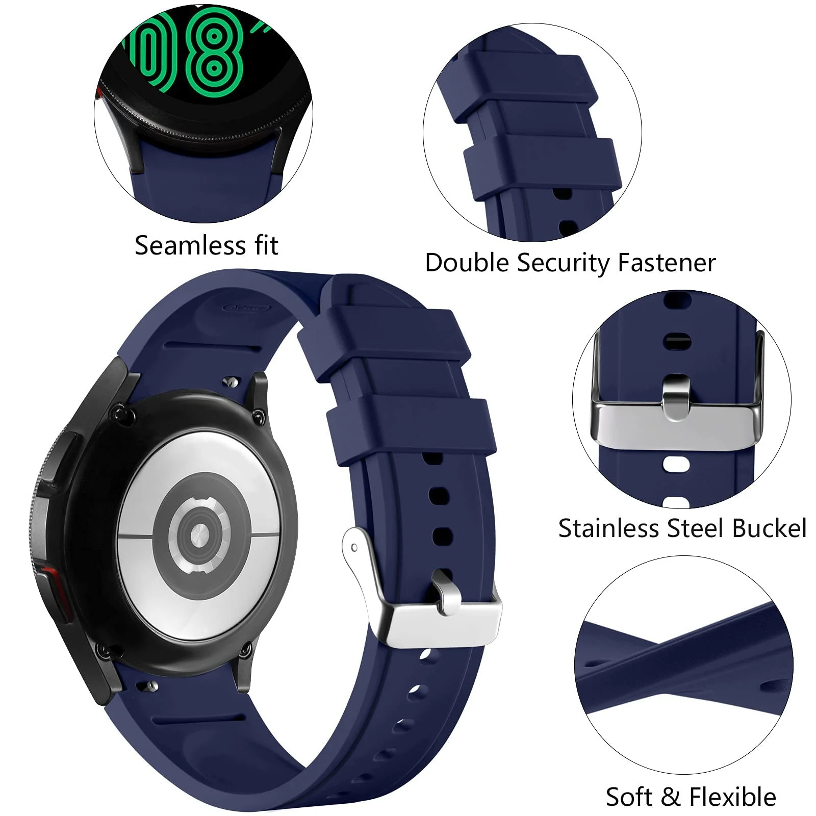 DL3 Mobilak No Gap Bands Compatible with Samsung Galaxy Watch 7 5 4 6 Band 44mm 40mm/Watch 5 Pro 45mm/Galaxy Watch 4 Classic 46mm 42mm Strap,20mm Quick Release Sport Replacement Bands for Women Men - Navy Blue