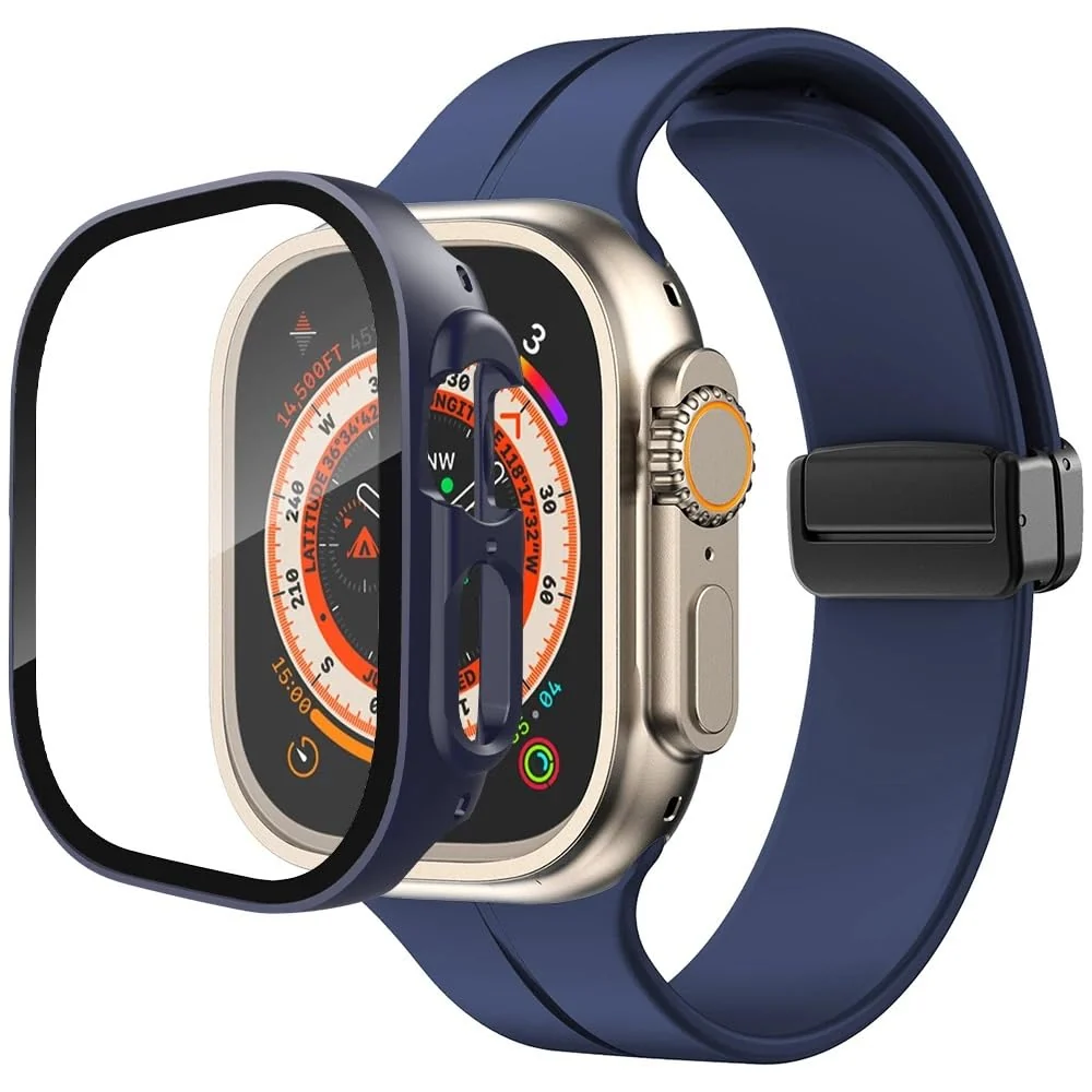 DL3 Mobilak Silicone Magnetic Band with Case For Apple Watch Ultra 49mm, Soft Sport Silicone Replacement Wristband Strap with Protective Bumper Cover for Apple Watch Ultra 2 Ultra 49mm - Midnight blue