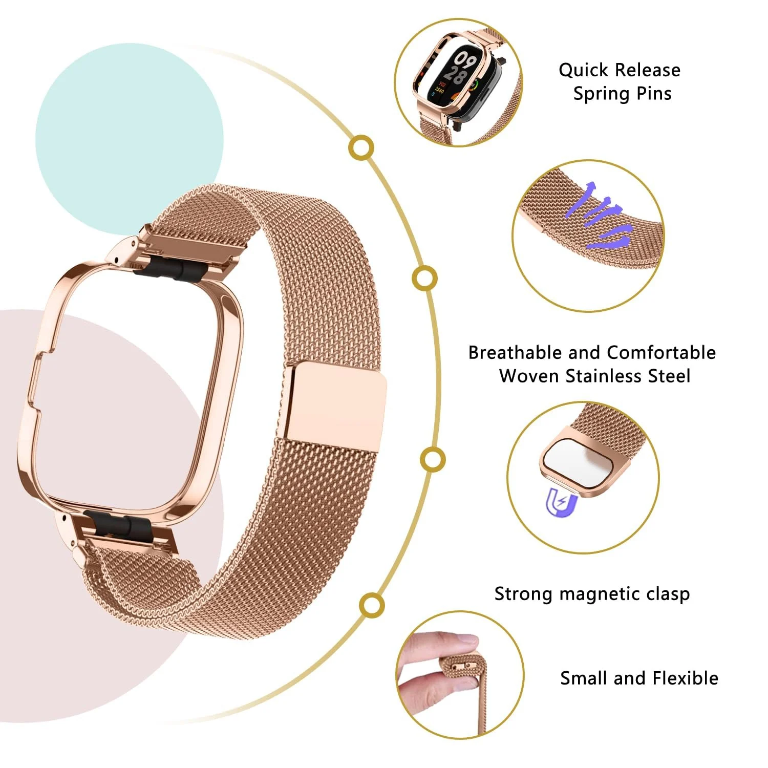 DL3 Mobilak Strap Compatible with Xiaomi Redmi Watch 3 (Not Fit Watch 3 Active), Magnetic Metal Stainless Steel Adjustable Wristbands Breathable Watch Bands for Xiaomi Redmi Watch 3 - Rose Gold