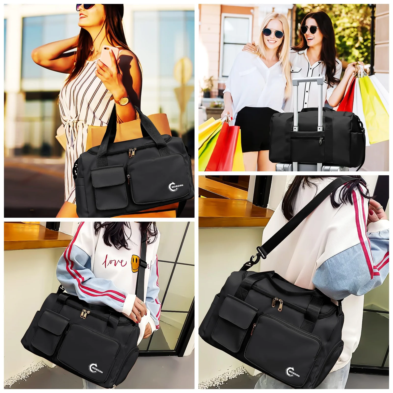 Mobigon Luxury Waterproof Leather Weekender Duffel with Dedicated Shoe & Wet Compartments, Large Capacity Travel and Gym Bag for Men & Women, Adjustable Shoulder Carry Design - Black