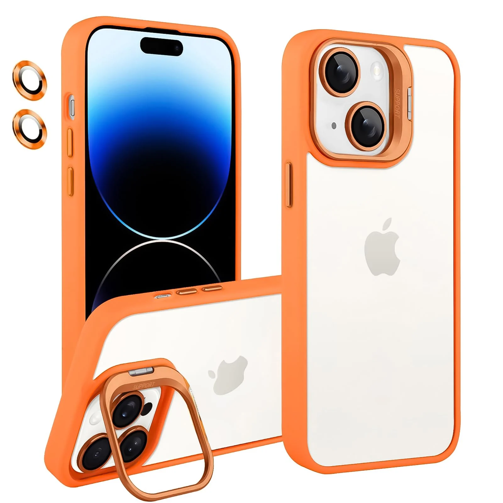 DL3 Mobilak Clear PC and TPU Case with Camera Ring Kickstand and Lens Protector for iPhone 13 / iPhone 14 - Orange