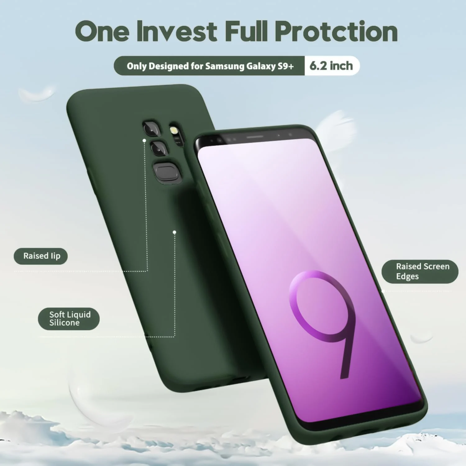 DL3 Mobilak Liquid Silicone Protective Case with Soft Microfiber Lining with Full Camera Protection for Samsung Galaxy S9 Plus - Green