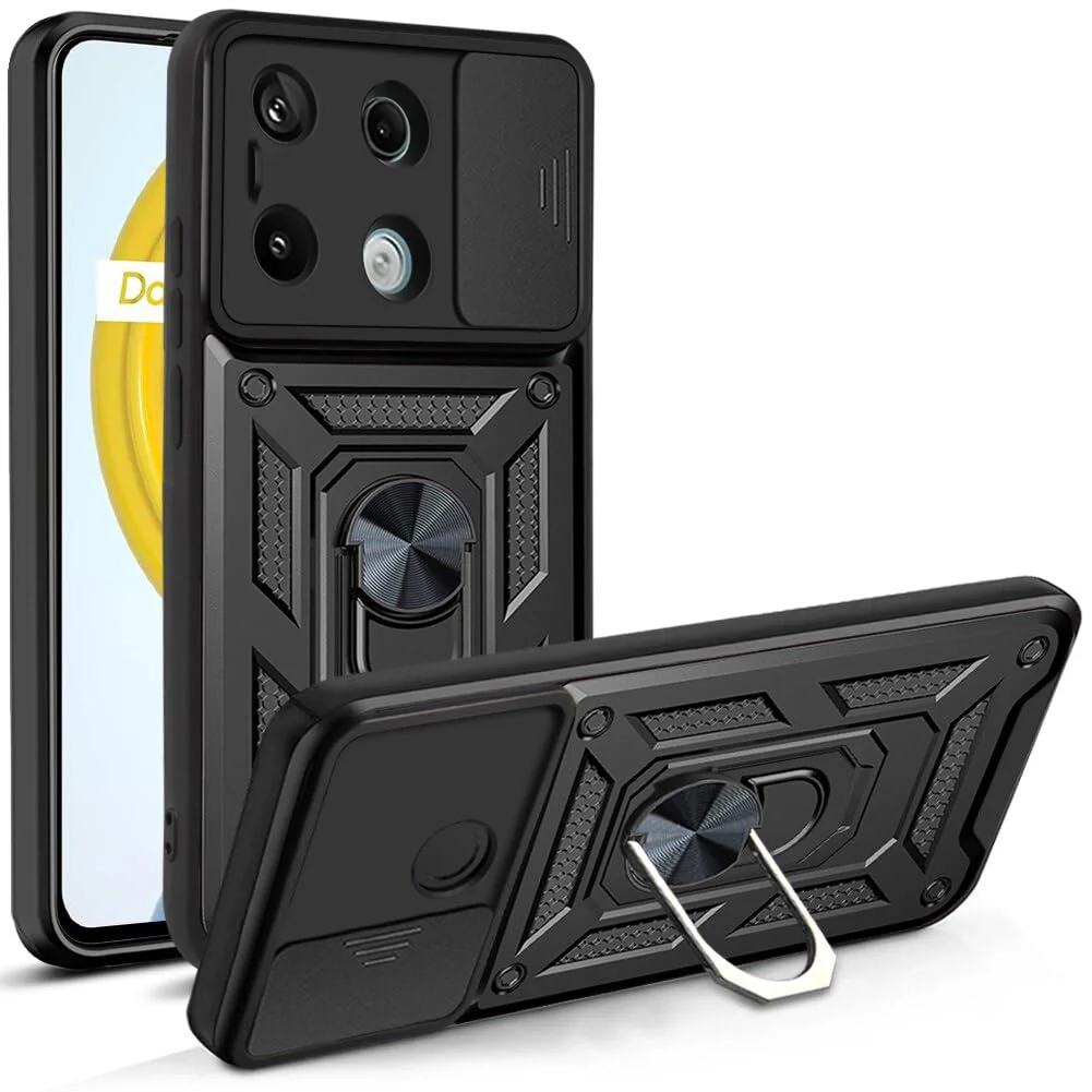 Dl3 Mobilak Case for Xiaomi Redmi Note 13 Pro 4G/Poco M6 Pro 4G with Slide Camera Cover, Military Grade Shockproof Protective Cover with Rotatable Metal Ring Kickstand [Support Magnetic (Rose Gold)