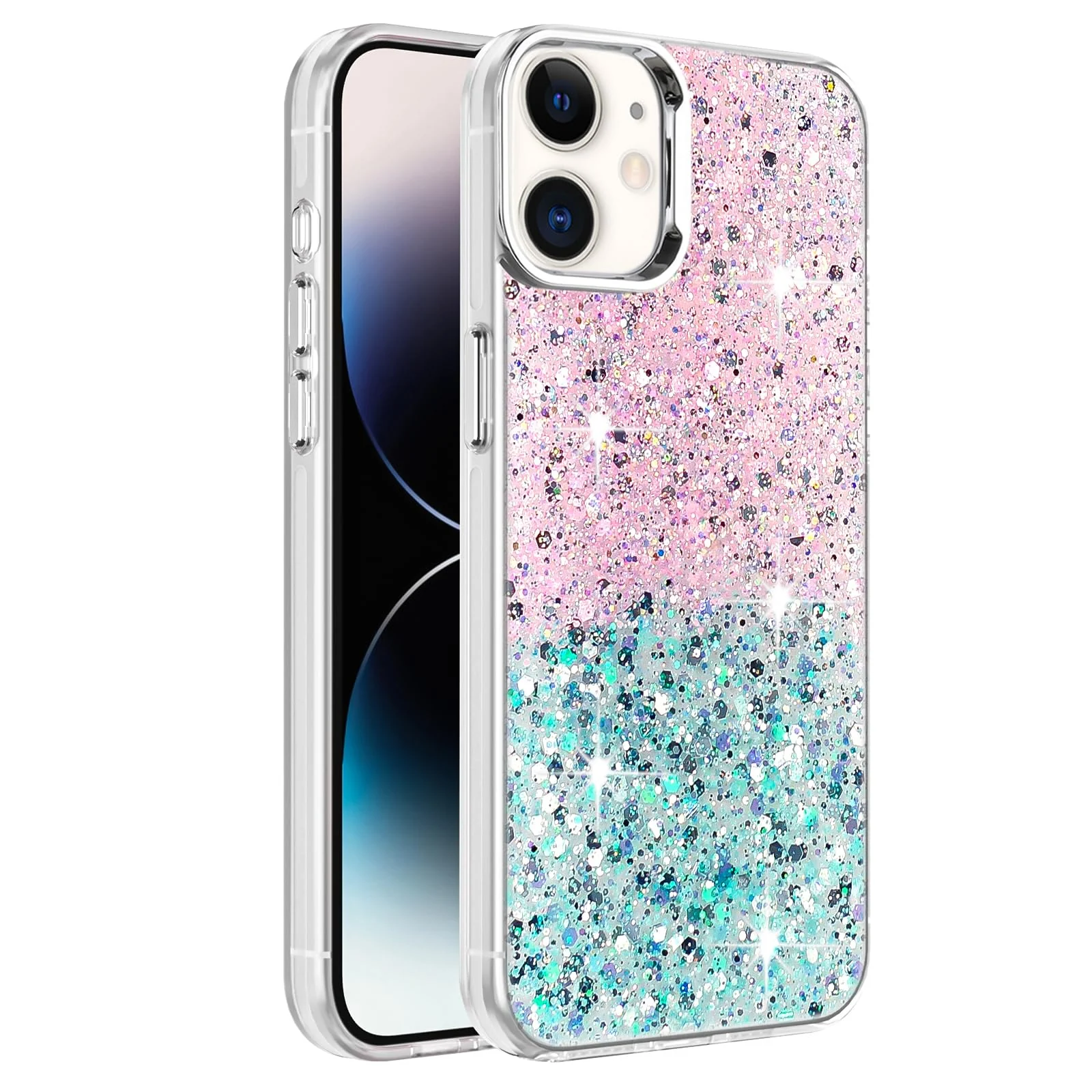 DL3 Mobilak Compatible with Apple iPhone 11 Case, Clear Glitter Bling Sparkly, Soft TPU Frame Bumper, Hard-Back Cover for Women & Girls, Transparent Protective Phone Case - Pink Green