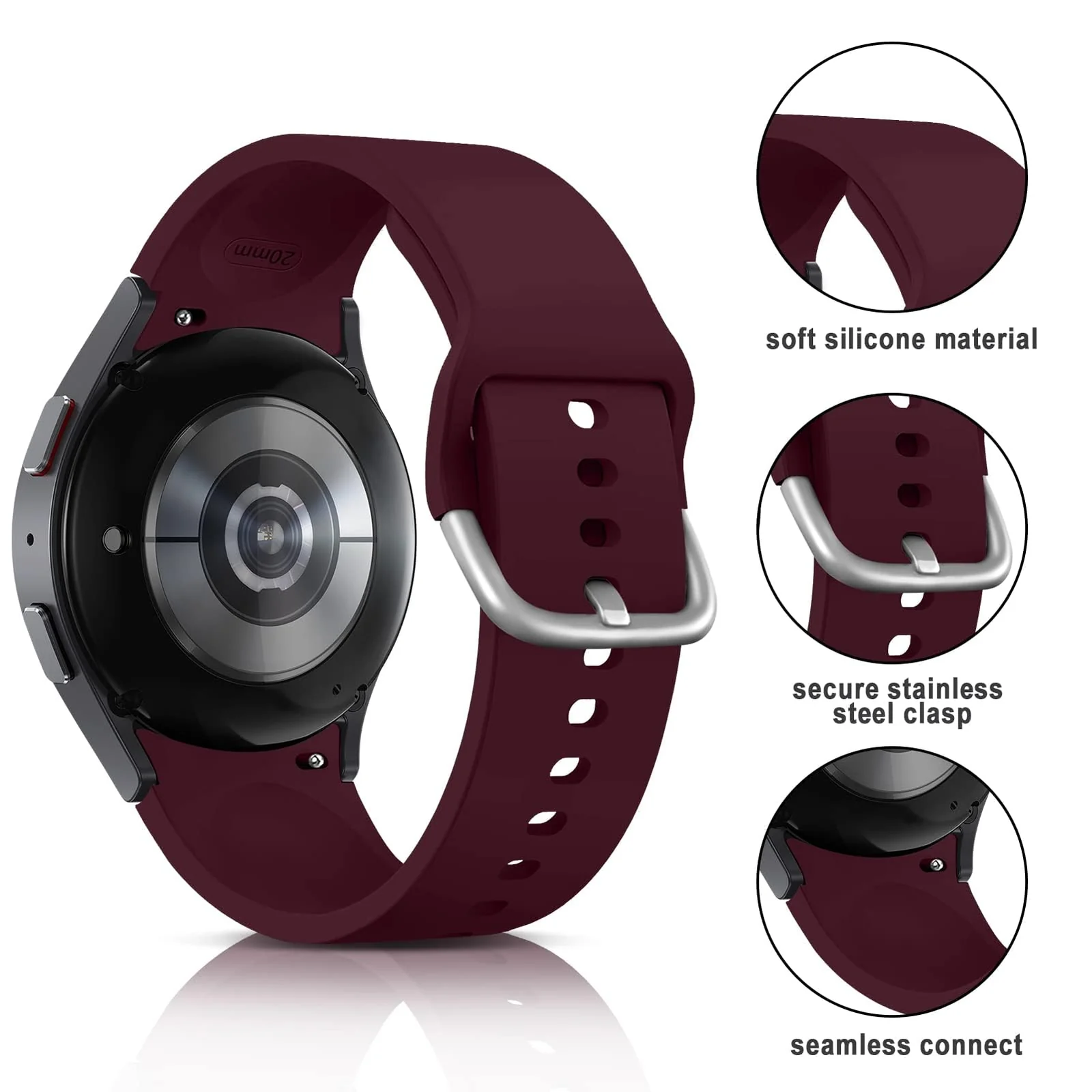 DL3 Mobilak Strap Silicone Buckle 20MM For Samsung Galaxy Watch 7/6/5/4 40mm 44mm/Watch 5 Pro/S2 classic/active 2 40mm 44mm/Amazfi GTS 2/2e/3/3 Pro/GTS 4/GTS 2 Mini/3 Mini/4 Mini/Bip 3/Bip 3 Pro Band - Wine Red