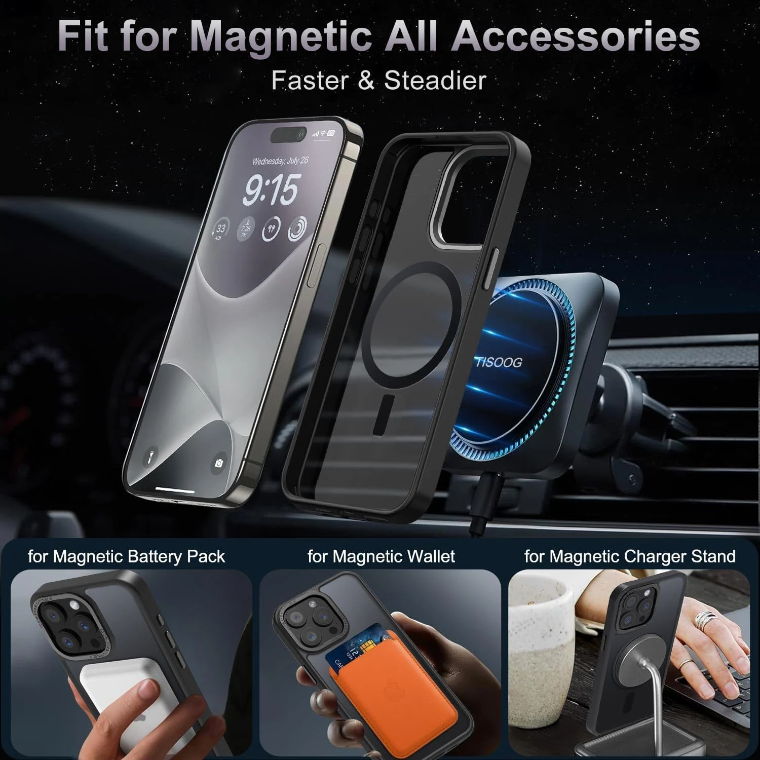 DL3 Mobilak Translucent Matte Case for iPhone 15 Pro 6.1-Inch, Compatible with MagSafe accessories, Supports wireless charging, Built-in magnetic car-mount support - Black