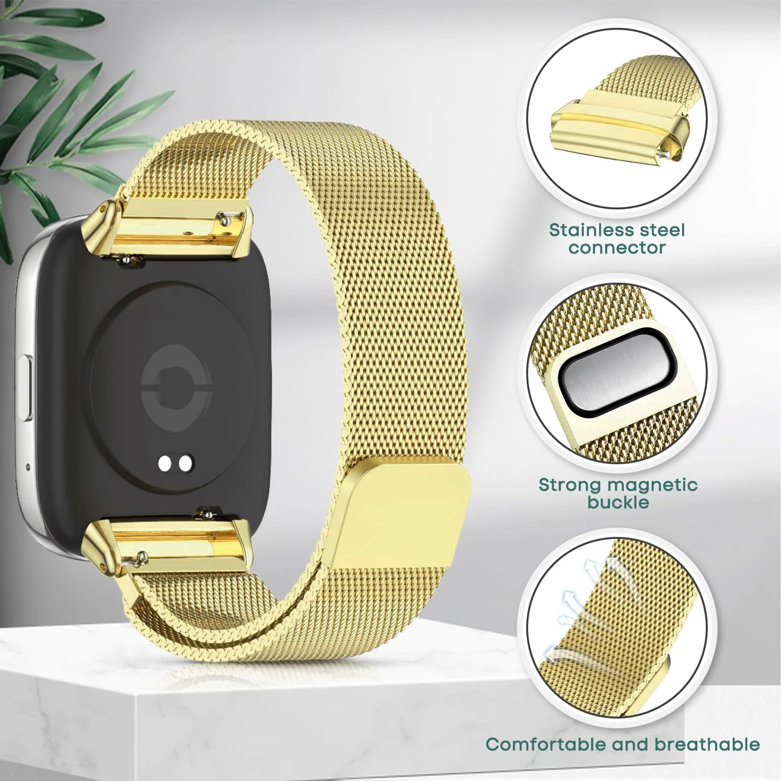 DL3 MOBILAK Milanese Magnetic Stainless-Steel Watch Strap for Xiaomi Redmi Watch 3 Lite and 3 Active - A-Gold