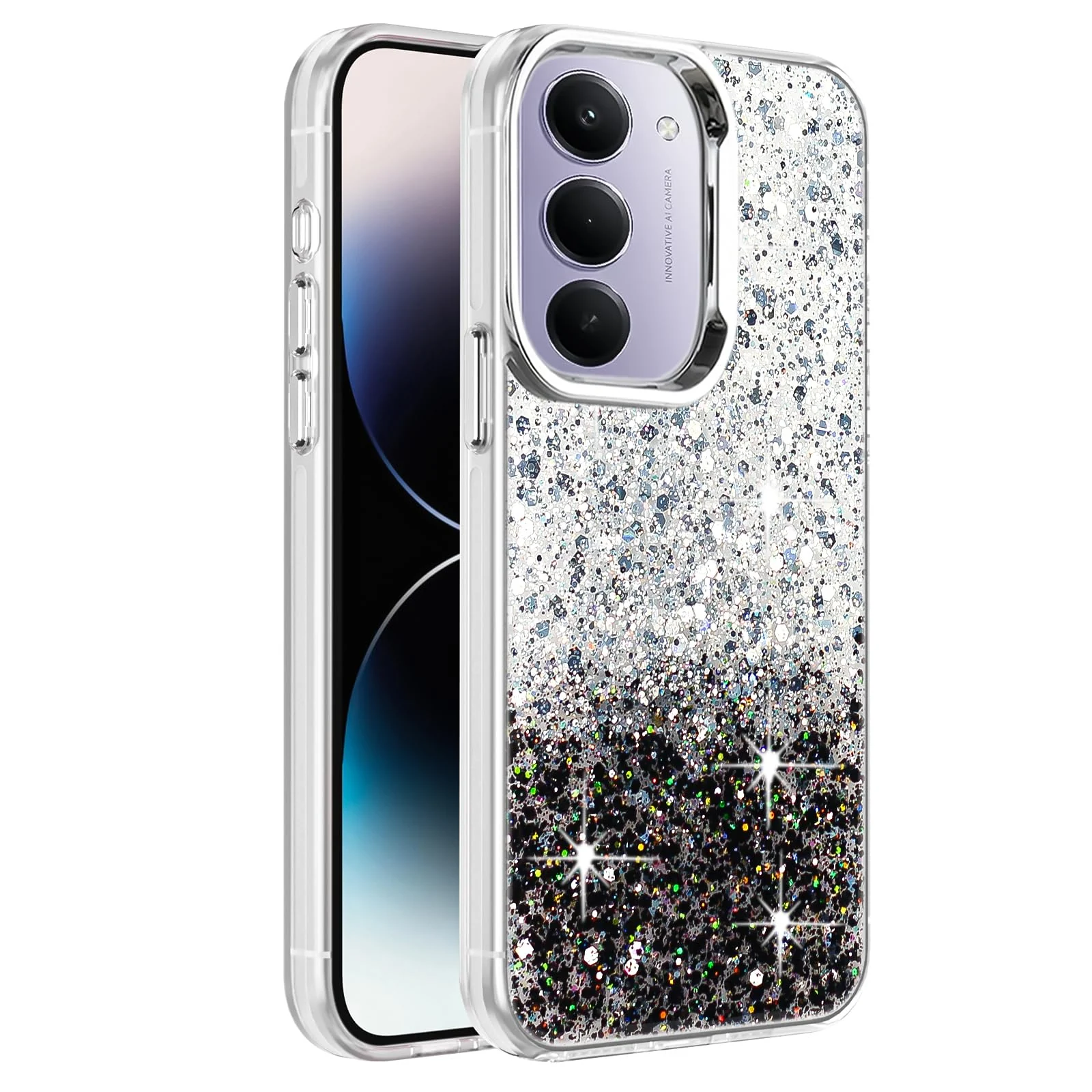 Dl3 Mobilak Compatible with Xiaomi Redmi 15 Case, Clear Glitter Bling Sparkly, Soft TPU Frame Bumper, Hard-Back Cover for Women & Girls, Transparent Protective Phone Case (White Green)