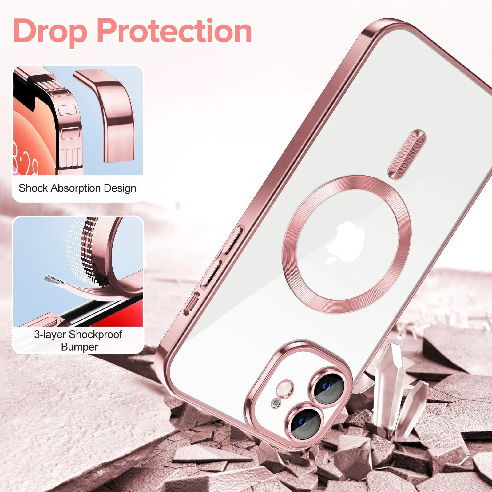 DL3 Mobilak Plated-Edge Protective Case for iPhone 12, Compatible with MagSafe accessories, Built-in magnetic car-mount support, Camera protection - Rose Gold