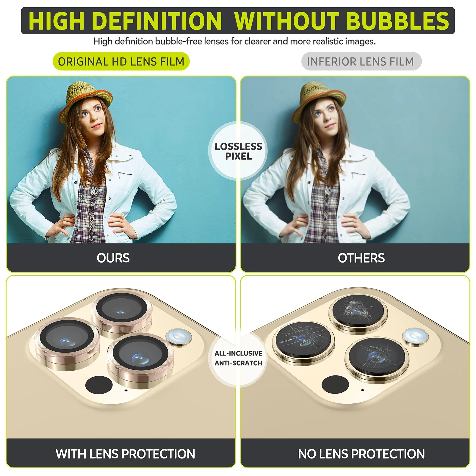 DL3 Mobilak Camera Lens Protector For iPhone 15 Pro/iPhone 15 Pro Max, [Keep Original Shooting] Tempered Glass Screen Protector Metal Individual Camera Cover, Case Friendly - Gold