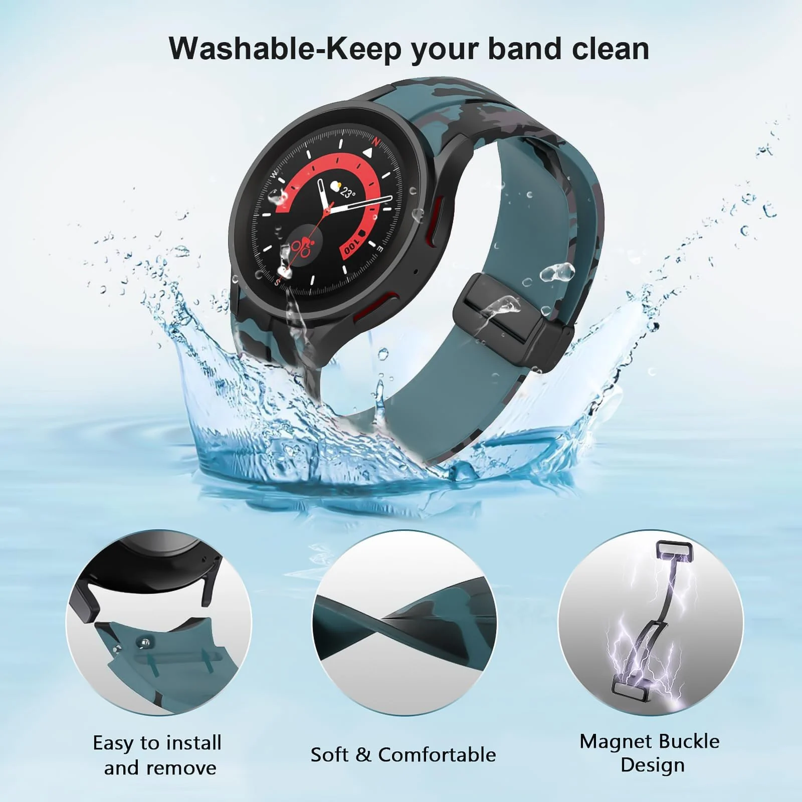 DL3 Mobilak Strap Compatible with Samsung Galaxy Watch 7 FE 6 5 4 Strap 40mm 44mm/Watch 6 Classic 43mm 47mm/5 Pro 45mm/4 Classic 42mm 46mm, No Gap Magnetic Clasp Silicone Band - Camouflage Pine Green