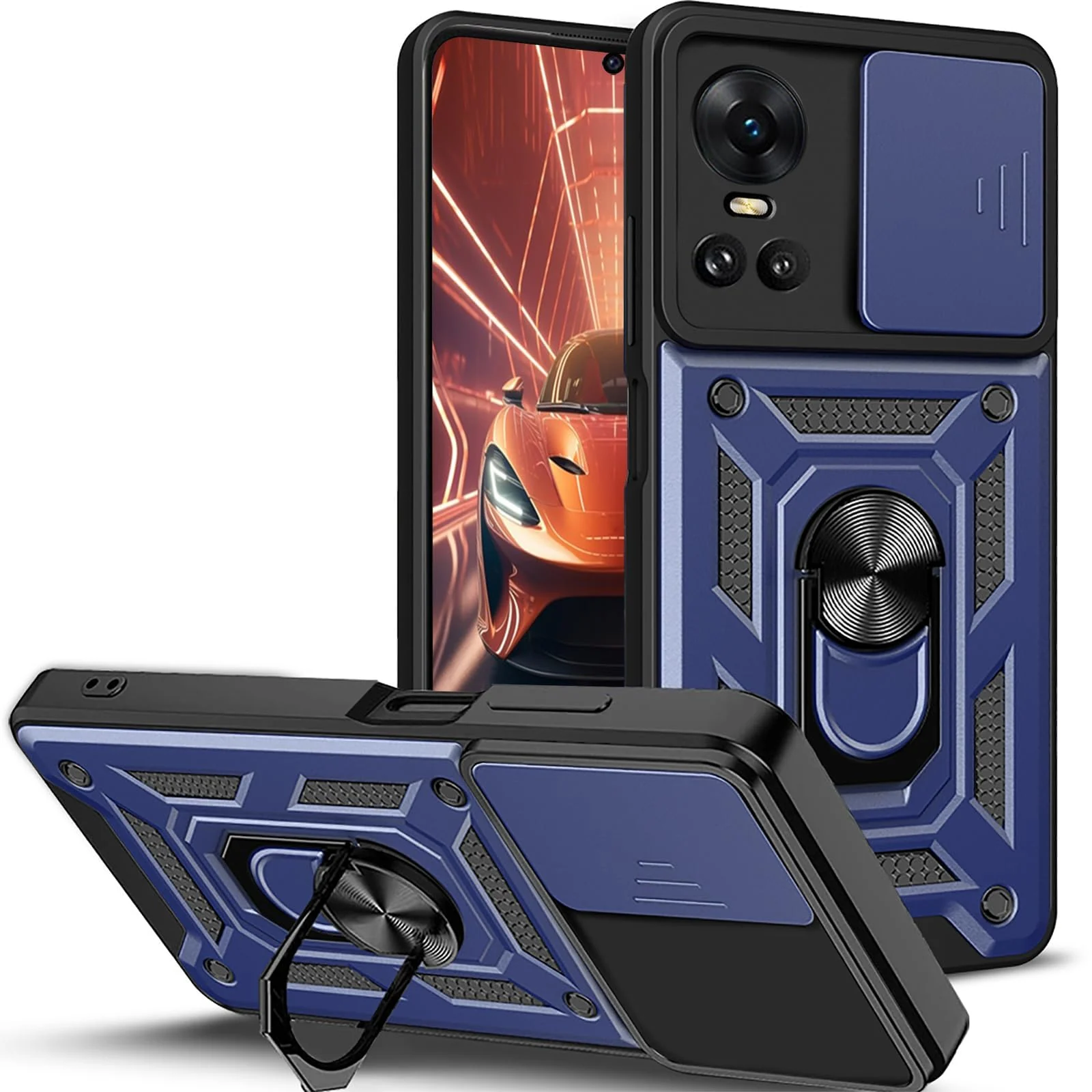 Dl3 Mobilak Case for OPPO Reno 10 5G / OPPO Reno 10 Pro 5G with Slide Camera Cover, Military Grade Shockproof Protective Cover with Rotatable Metal Ring Kickstand (Blue)
