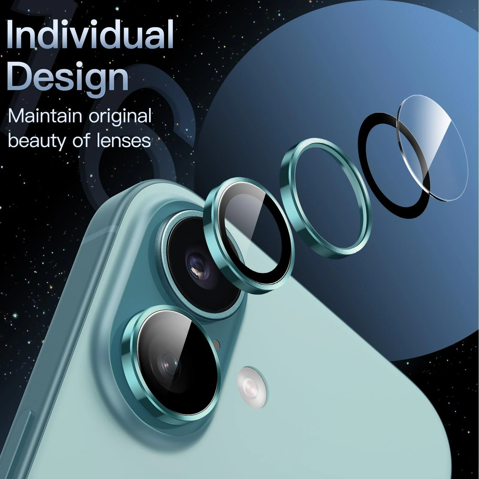 DL3 Mobilak Camera Lens Protector For iPhone 16/iPhone 16+ Plus, [Keep Original Shooting] Tempered Glass Screen Protector Metal Individual Camera Cover, Case Friendly - Teal