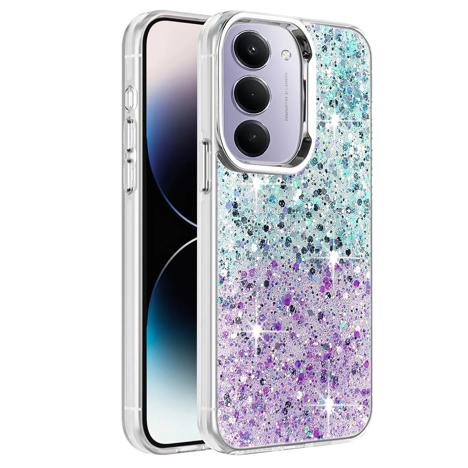 Dl3 Mobilak Compatible with Xiaomi Redmi 15 Case, Clear Glitter Bling Sparkly, Soft TPU Frame Bumper, Hard-Back Cover for Women & Girls, Transparent Protective Phone Case (White Green)
