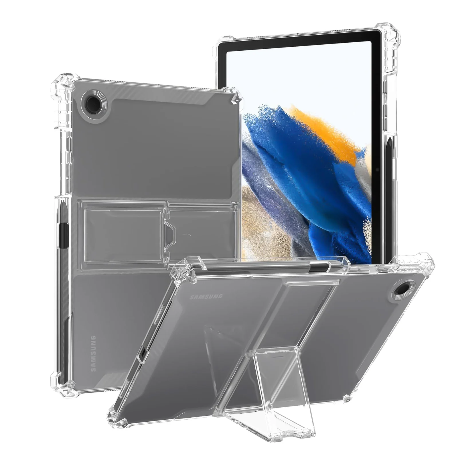 DL3 Mobilak Transparent Stand Case for Samsung Galaxy Tab A8 10.5 Inch 2021(-X200/-X205/-X207) Shockproof, Thin Slim Lightweight Anti-Yellowing Bumper, Kickstand Cover, with Pencil Holder - Clear