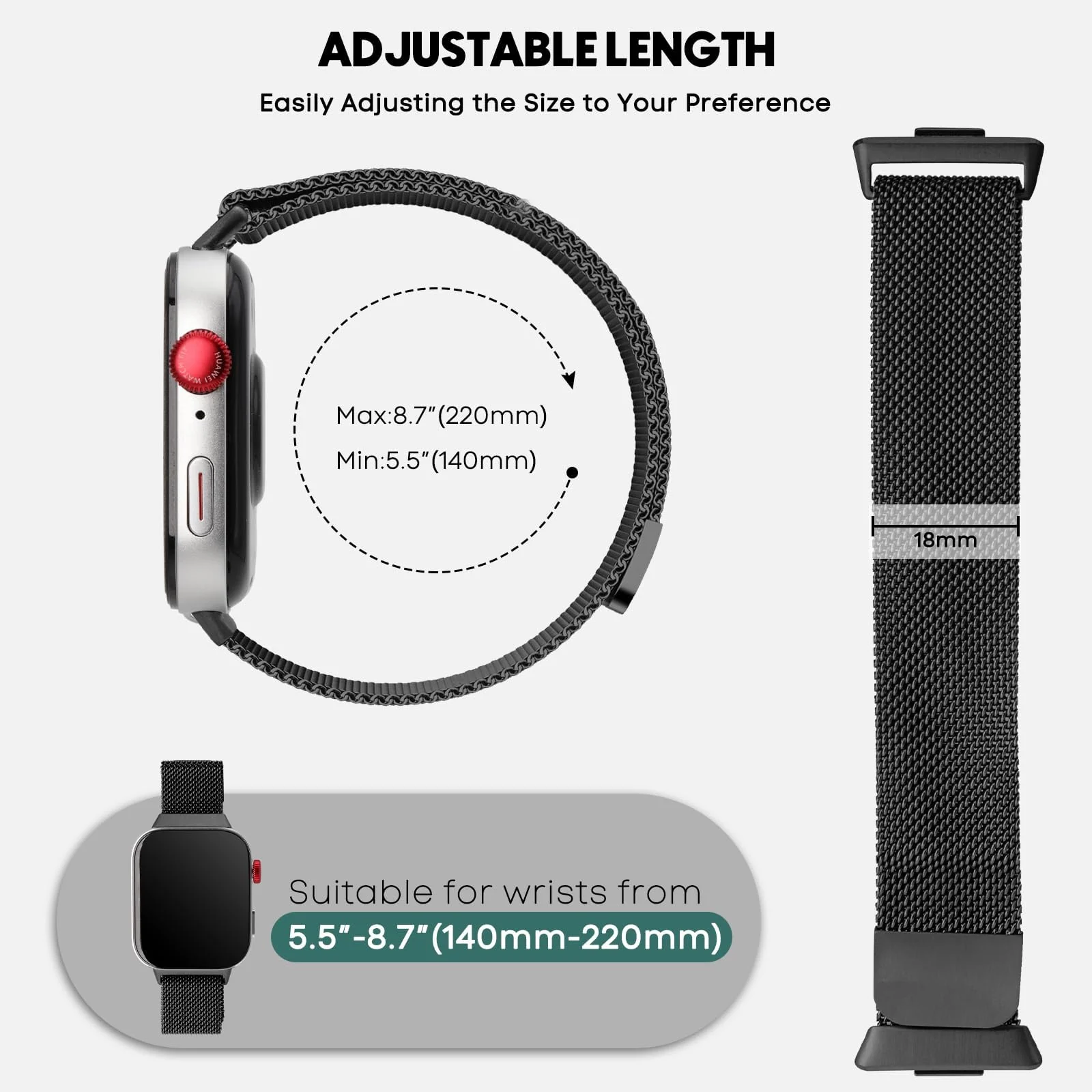 DL3 Mobilak Bracelet Compatible with Huawei Watch Fit 3, Stainless Steel Replacement Straps, Mesh Metal Watch Strap, Magnetic Adjustable Replacement Strap For Huawei Watch Fit3 - Black