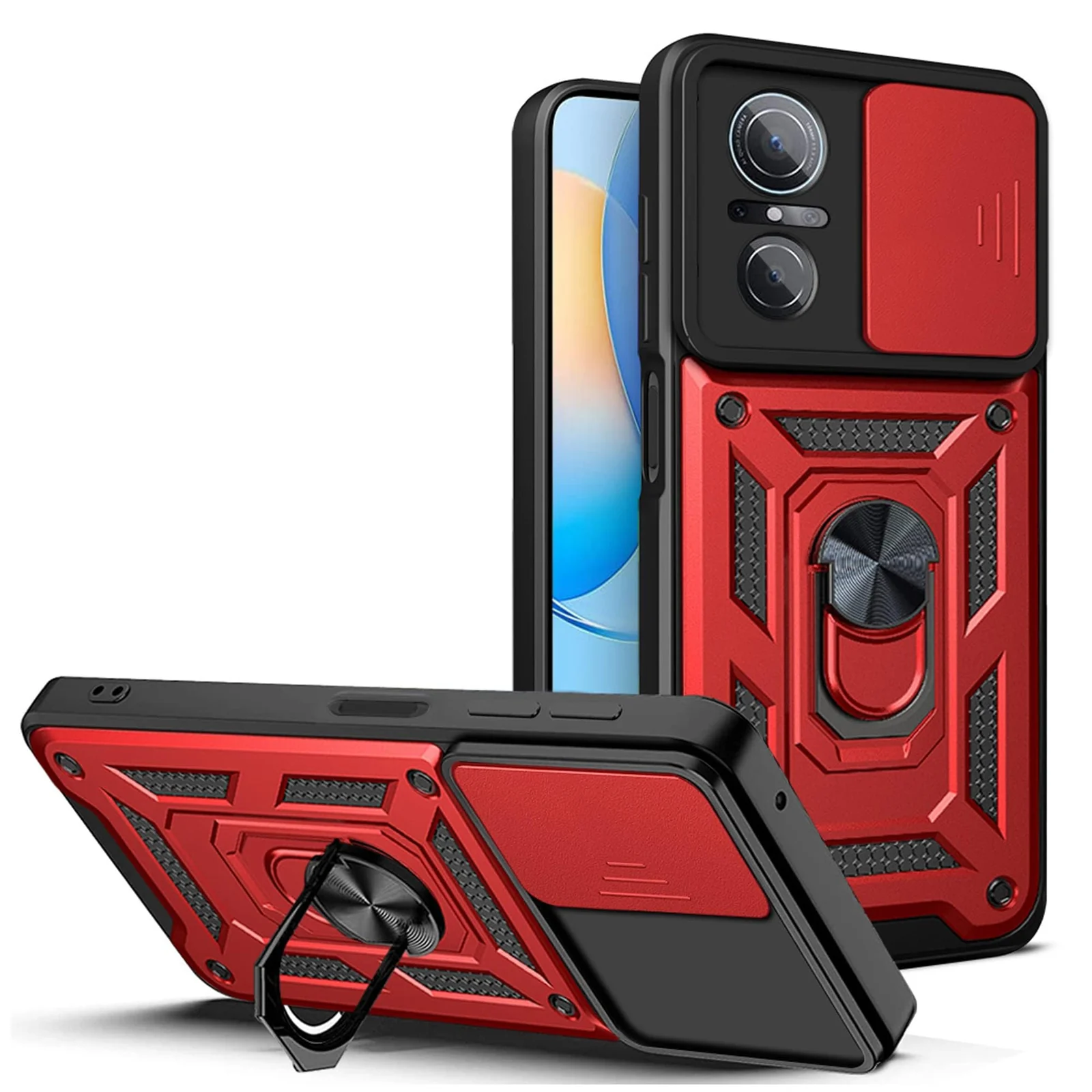 DL3 Mobilak Military-Grade Protective Case with Sliding Camera Cover, Metal Ring Kickstand and Magnetic Car-Mount Support for Huawei Nova 9 SE / Honor 50 SE - Red