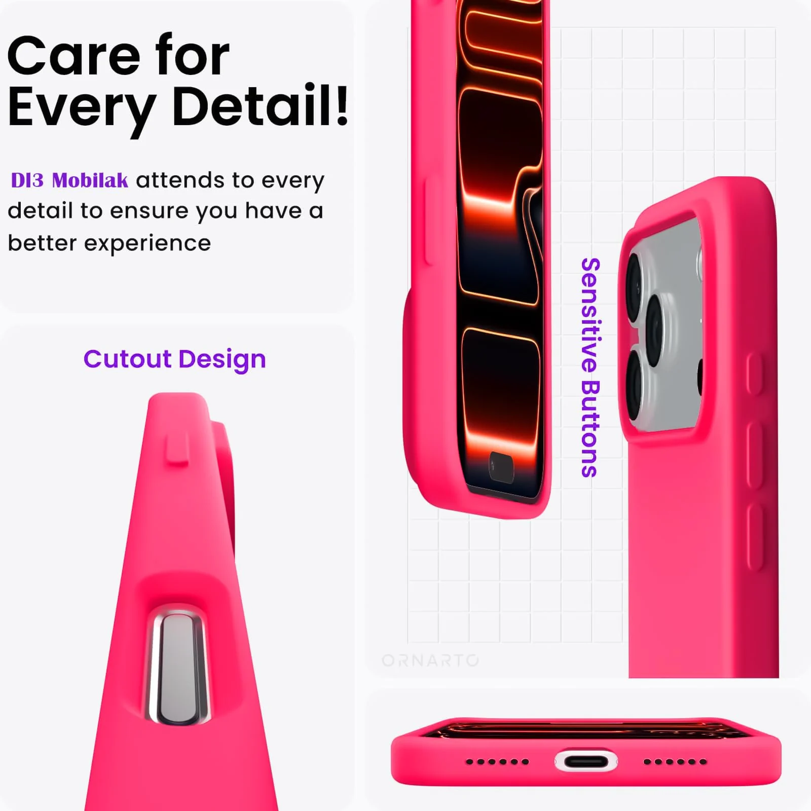 DL3 Mobilak Liquid Silicone Protective Case for iPhone 17 Pro Max 6.9-Inch with Microfiber Lining and Shockproof Design - Neon Pink