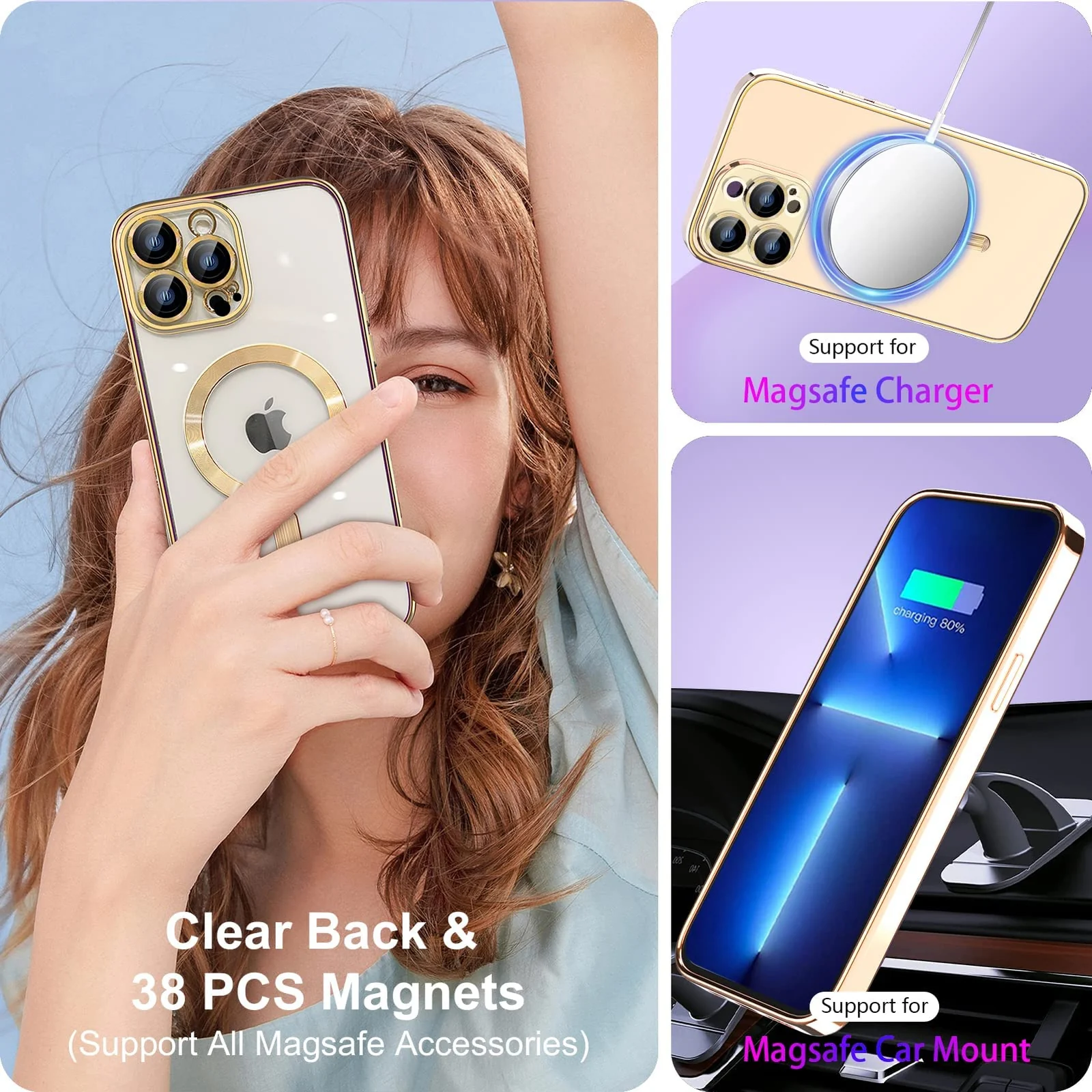 DL3 MOBILAK Case for iPhone 13 Pro (6.1 Inch) Compatible with MagSafe, with Camera Lens Protector, Magnetic Clear Case Slim Plated Protective Case - Gold