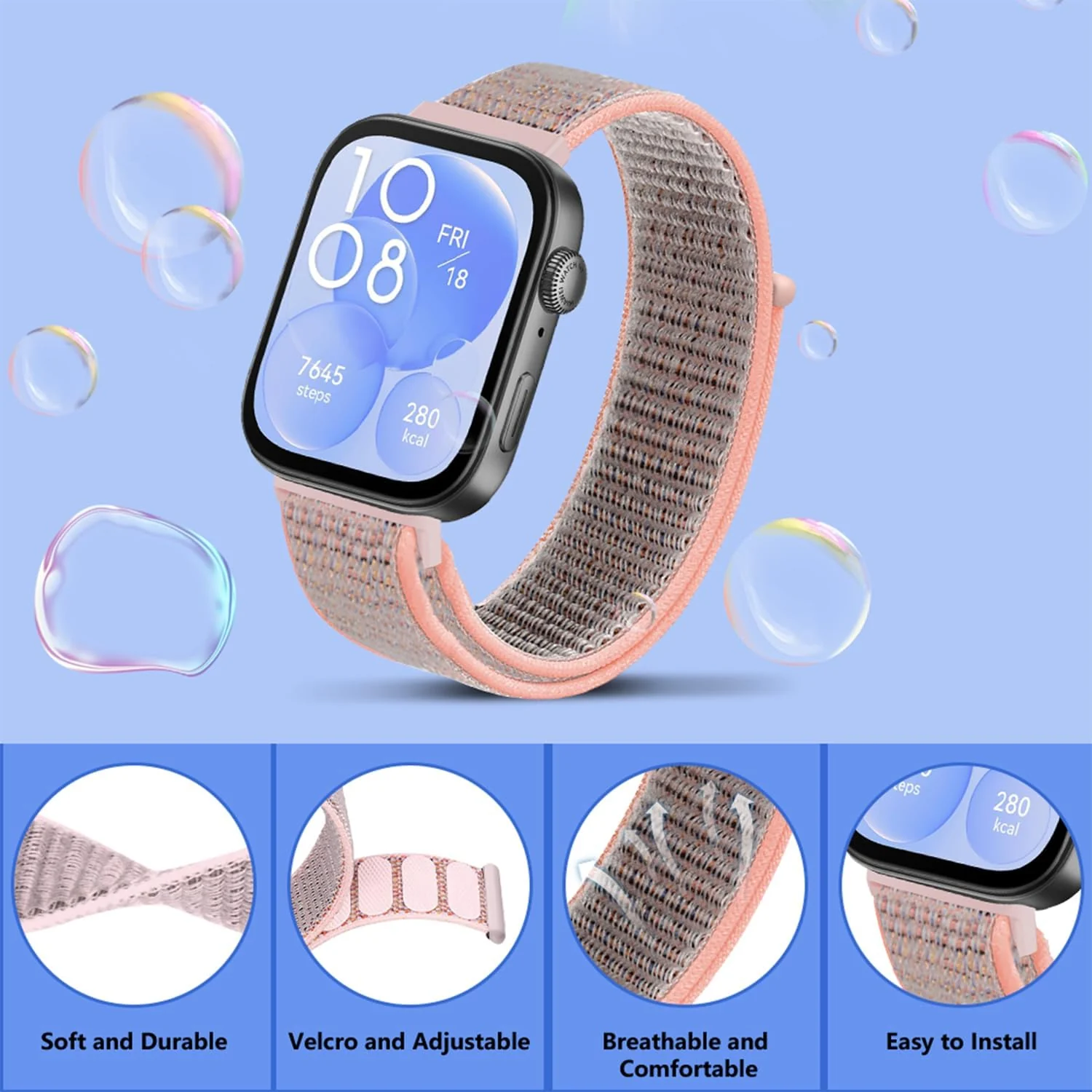 DL3 MOBILAK Elastic Nylon Watch Strap for Huawei Watch Fit 3 / Fit 4 / Fit 4 Pro / Fit 5 / Fit 5 Pro, Pink
