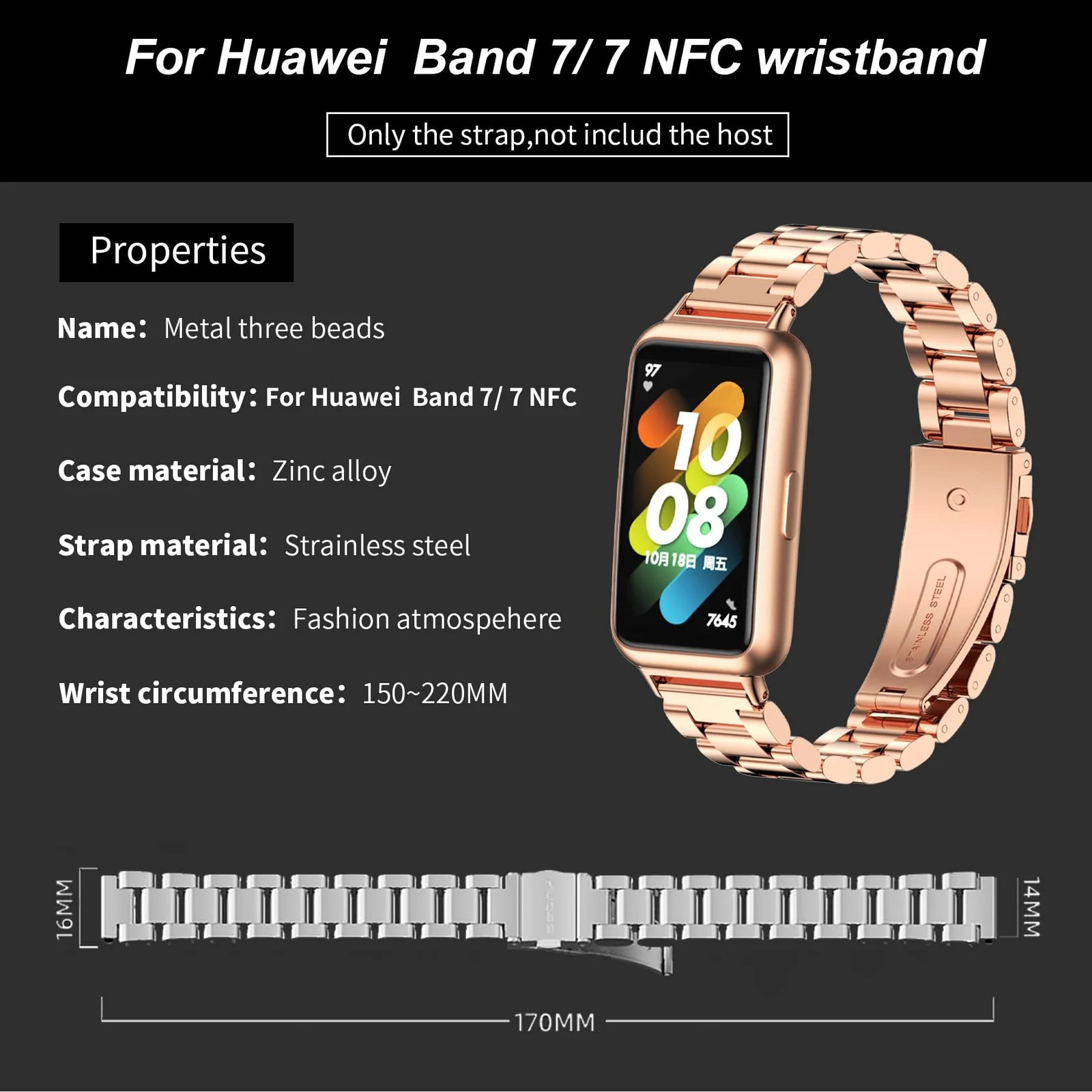 DL3 Mobilak Strap for Huawei Band 7/ Honor Band 7 Stainless Steel Replacement Metal Straps Bracelet Compatible with Huawei Watch Band 7 Standard and Huawei Band 7 NFC Edition Bracelets - Rose Gold