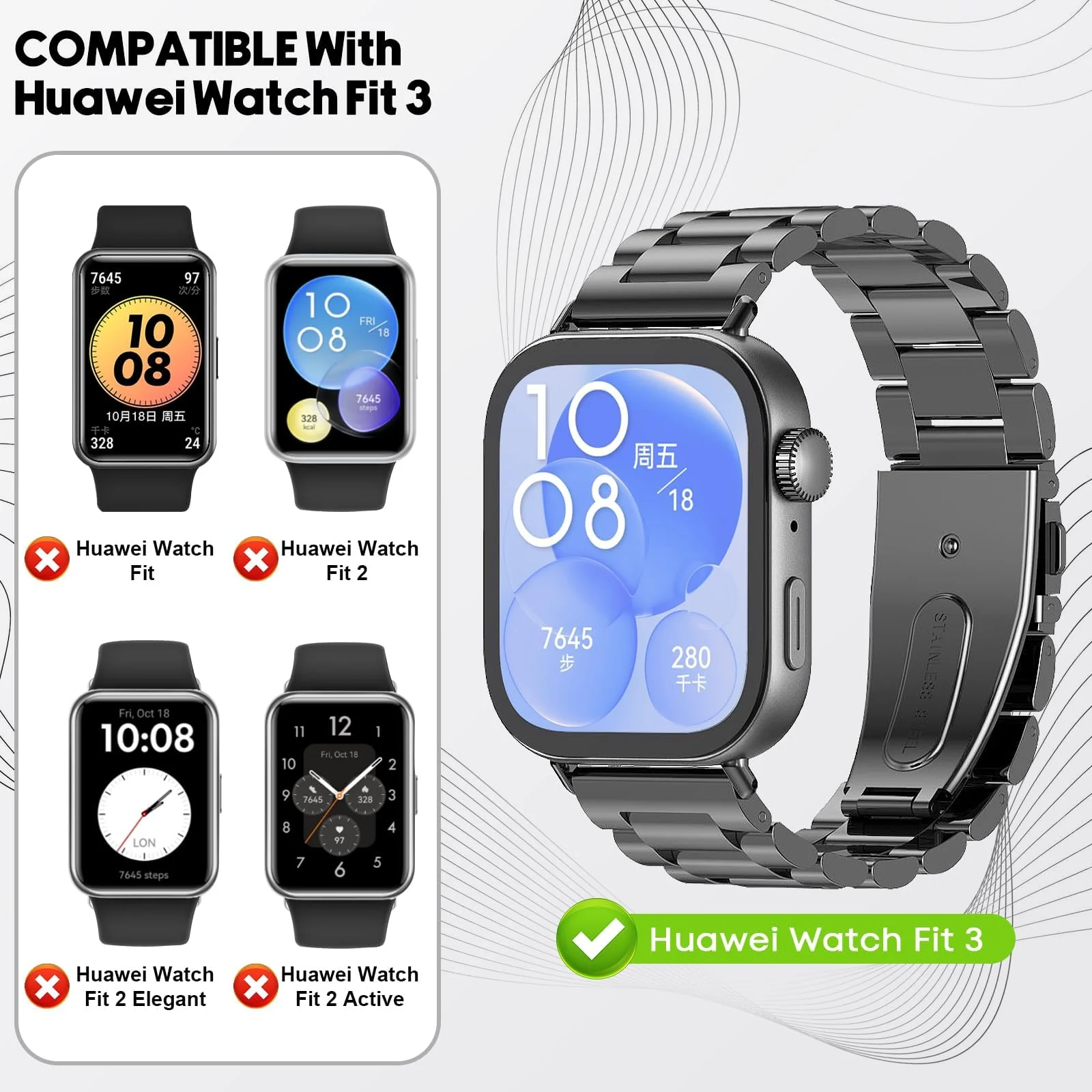 DL3 Mobilak Metal Straps Compatible with Huawei Watch Fit 3/Fit 4/Fit 4 Pro Strap, Stainless Steel Replacement Band with Folding Clasp, Adjustable Replacement Bracelet Wristband - Black