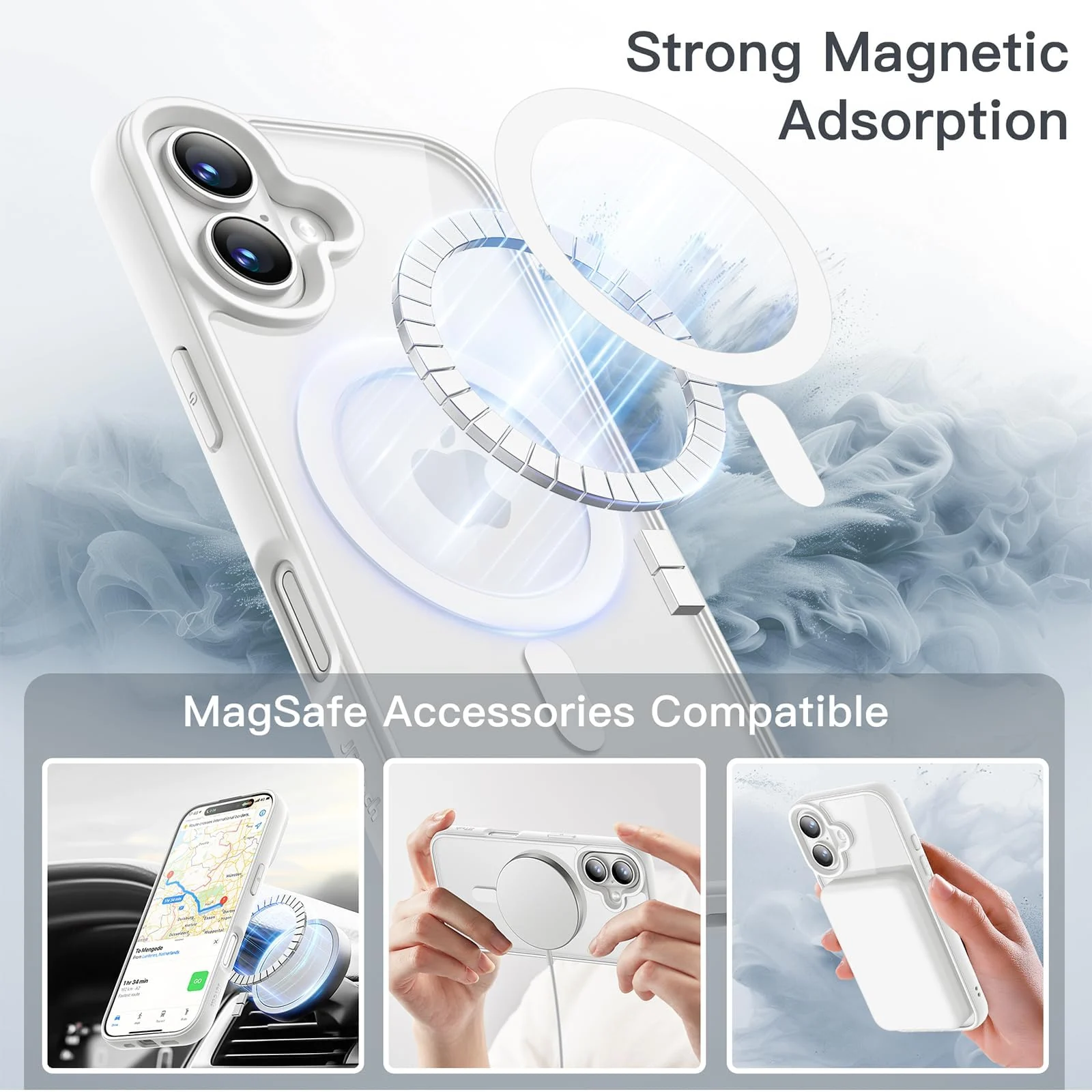 DL3 Mobilak Magnetic Case for iPhone 16 6.1-Inch Compatible with MagSafe, Shockproof Phone Bumper Cover, Solid Color Matte TPU Frame, Anti-Scratch Clear Back - White