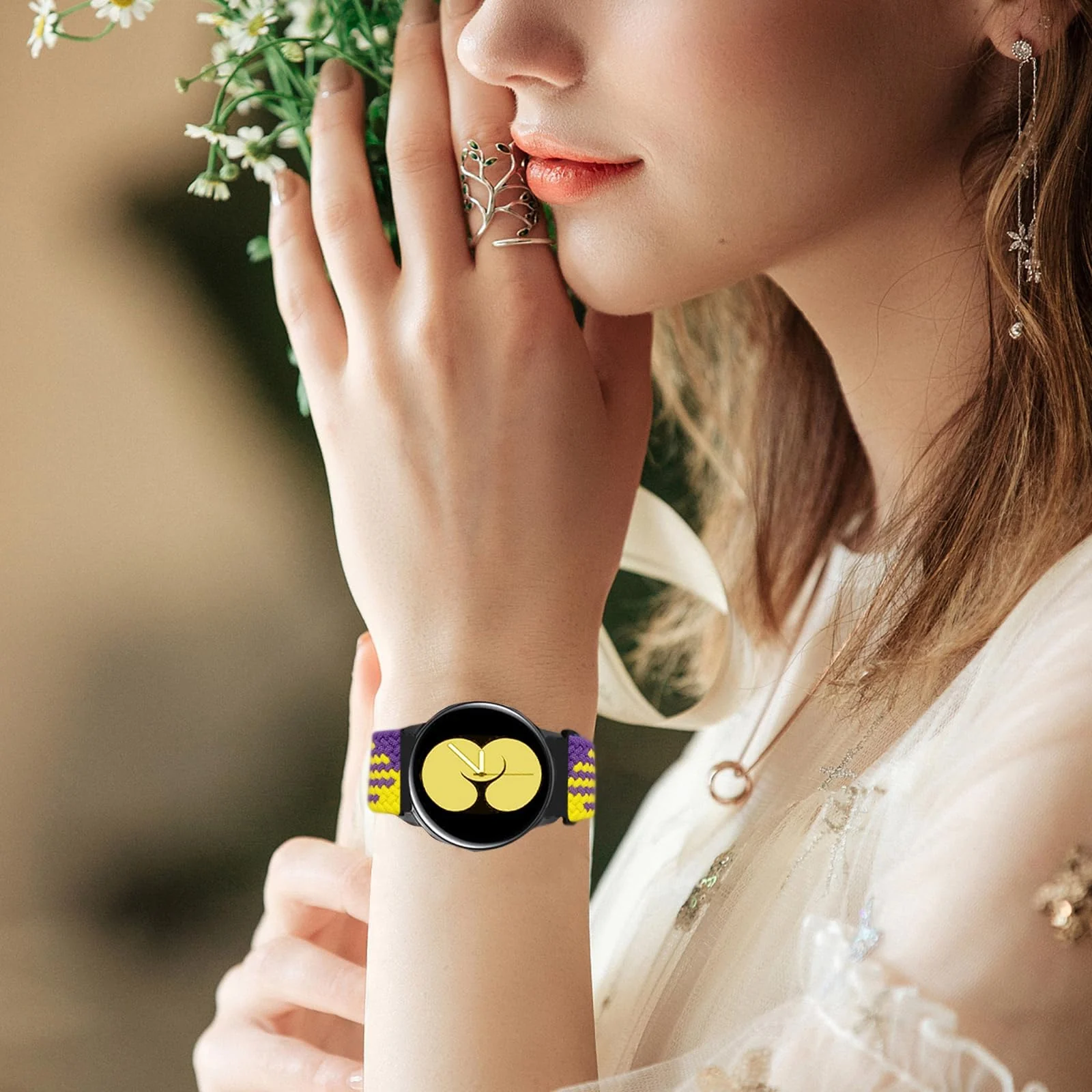 DL3 Mobilak Band 20MM Nylon Braided Solo Loop Strap For Samsung Gear Sport/Watch 6/5/4 40mm 44mm/Watch 6 Classic 43mm 47mm/ 5 Pro 45mm/active 2 40mm 44mm (Purple Yellow, Medium), unisex-adult - Black