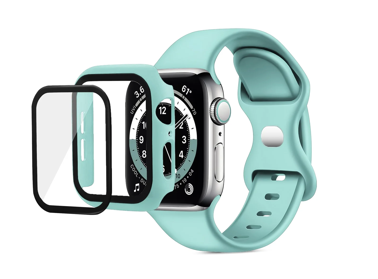 DL3 Mobilak Band with Case Compatible with Apple Watch 45mm, Adjustable Silicone Sport Wristband Replacement, Strap With Cover Built-in Glass Screen Protector for iWatch Series 9 8 7 - turquoise
