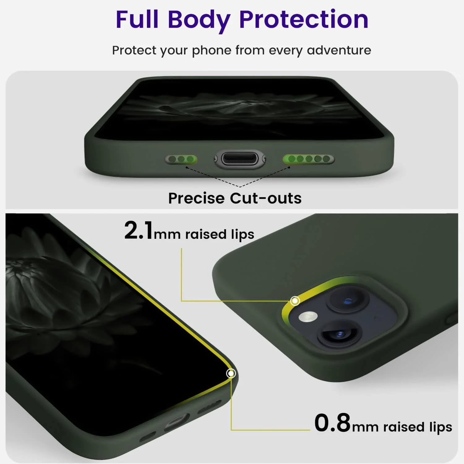 DL3 Mobilak Liquid Silicone Case for iPhone 15, Supports wireless charging, Shock-absorbing protection, Anti-fingerprint finish - Lavender Green