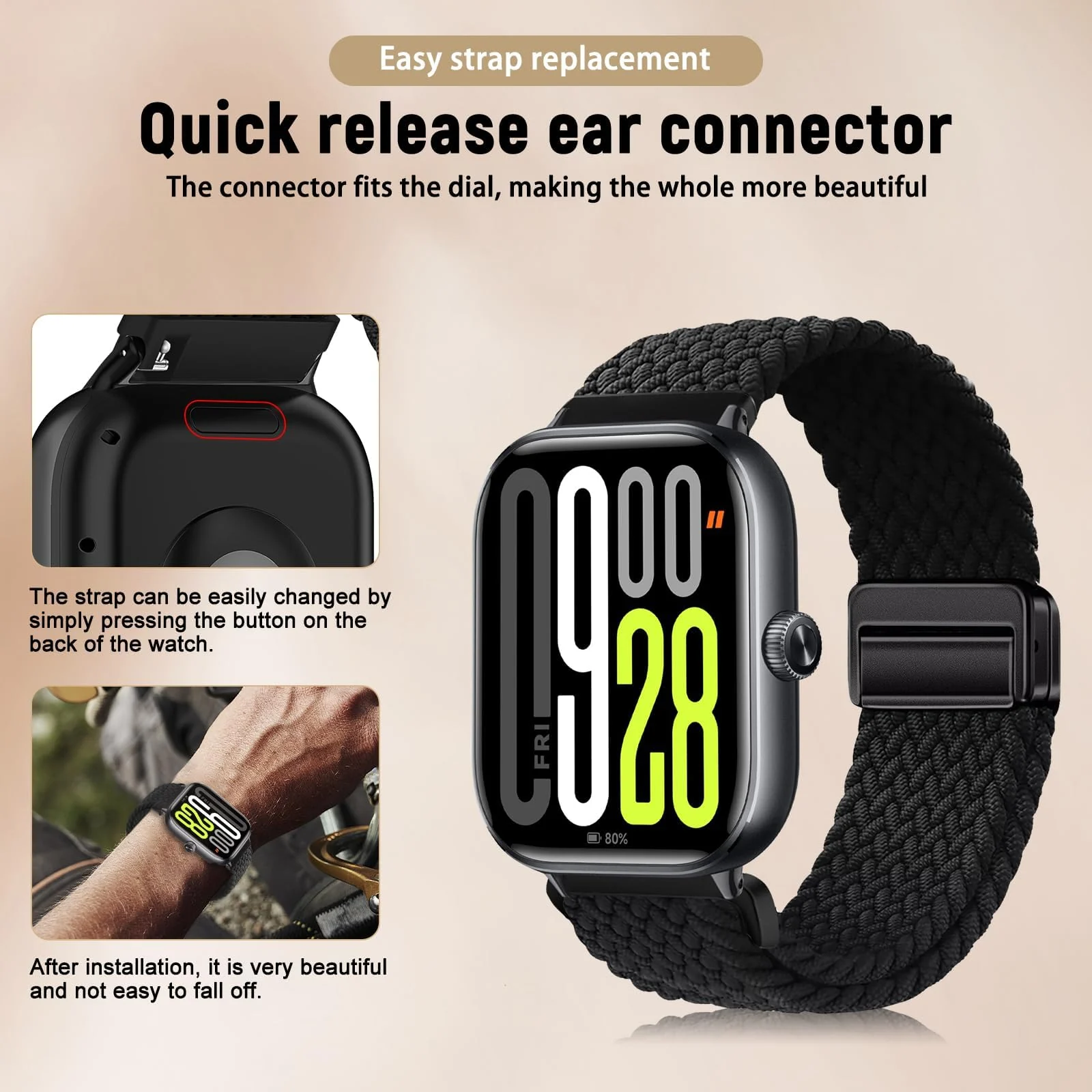 DL3 Mobilak Braided Bracelet Compatible with Redmi Watch 4/5 / 6 / Xiaomi Smart Band 8 Pro/Band 9 Pro, Nylon Magnetic Fabric Elastic Sport Nylon Replacement Strap for Men Women - Black