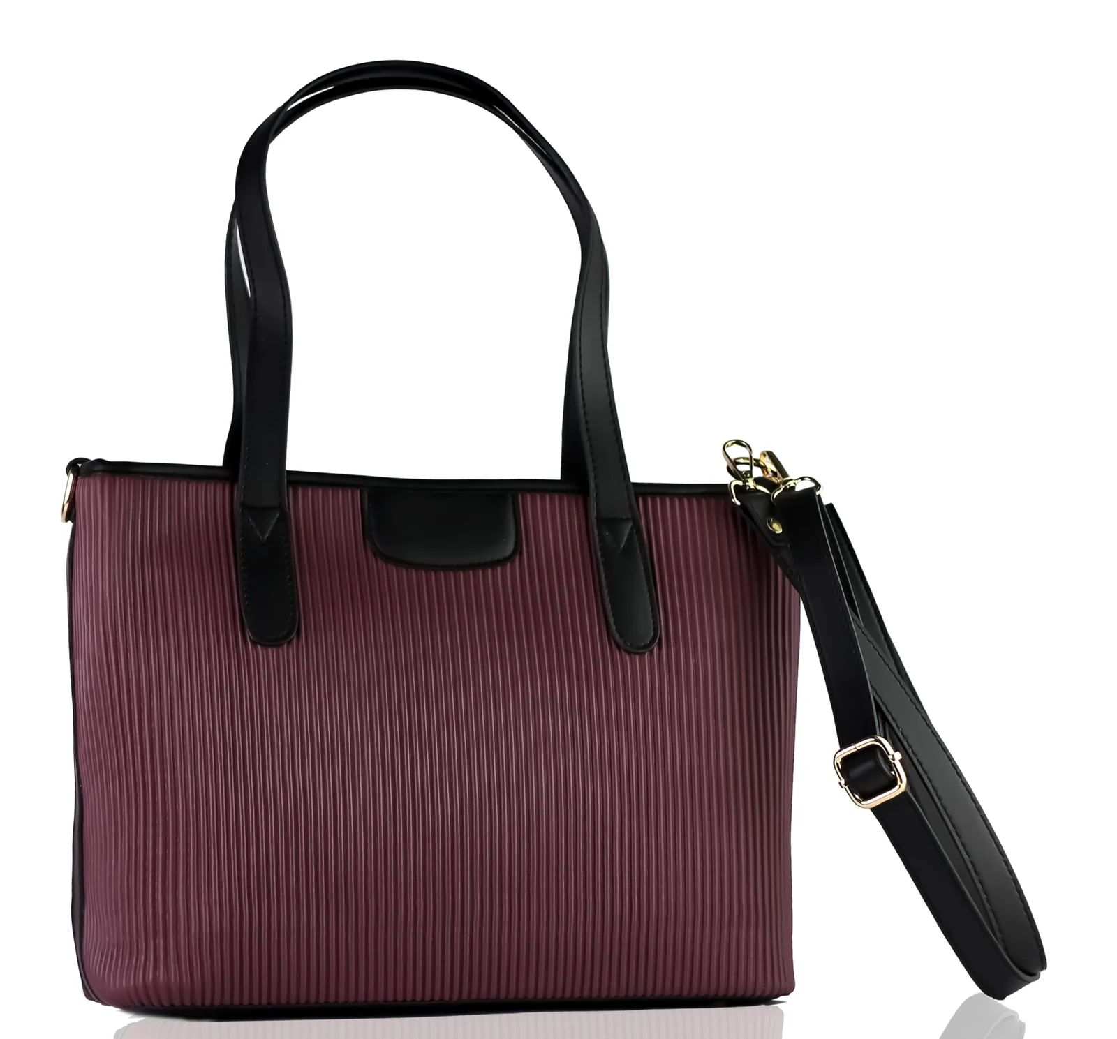 Mobigon Premium Ribbed Tote Bag for Women, Elegant Two-Tone Handbag with Secure Zipper Closure, Triple-Compartment Interior, Detachable Shoulder Strap for Work & Daily Use - Burgundy/Black
