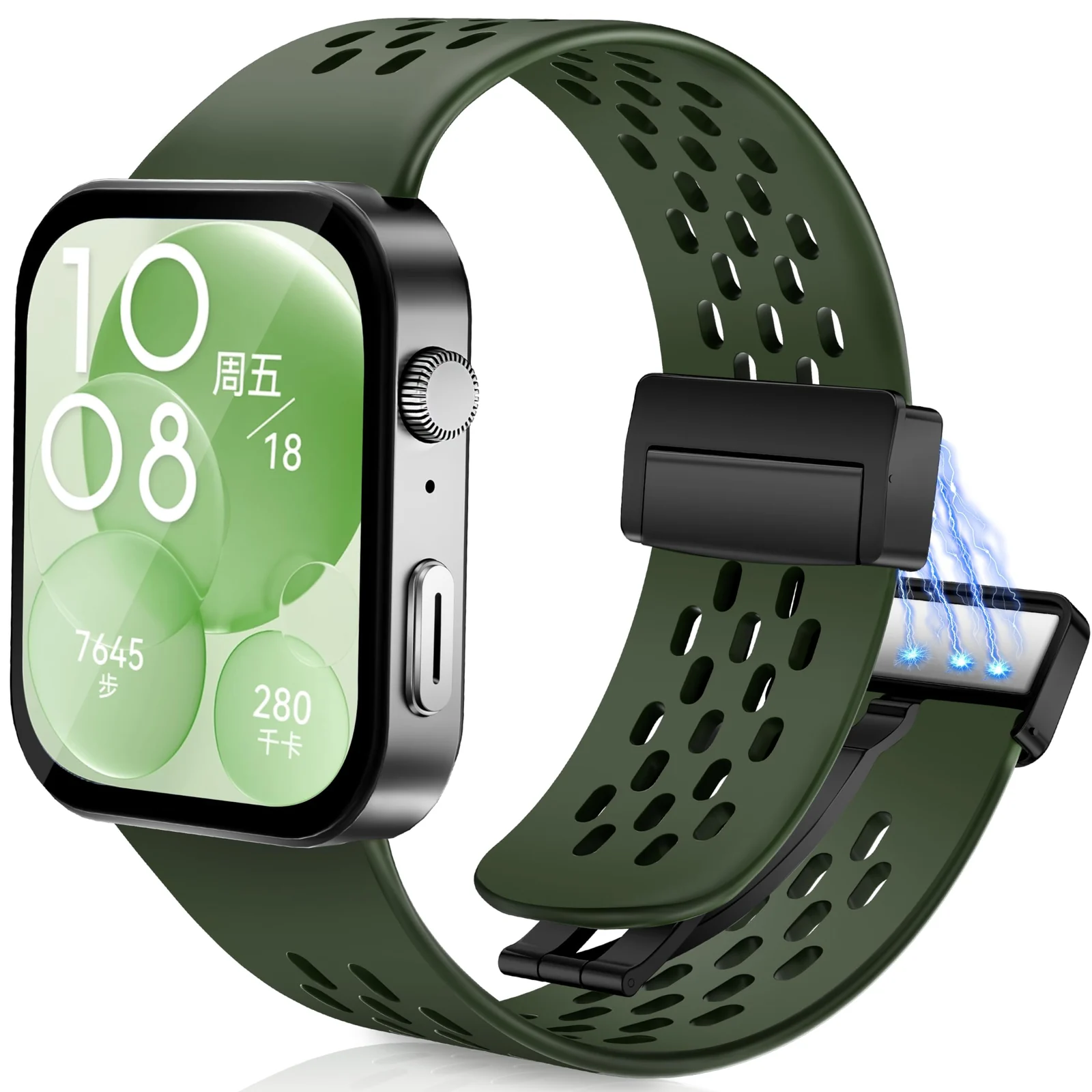 DL3 Mobilak Silicone Strap Compatible with Huawei Watch Fit 3 Magnetic Metal Buckle Sport Silicone Breathable Strap for Huawei Watch Fit 3 Band Quick Release Soft Replacment Wristband - Green