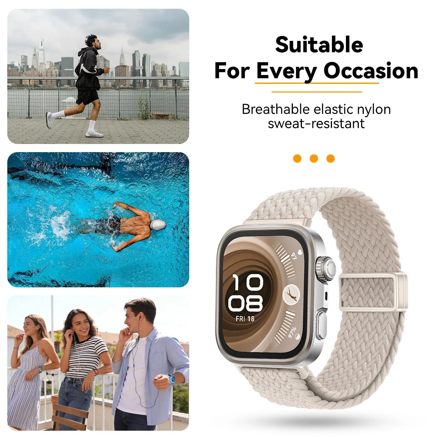 DL3 Mobilak Braided Strap for Huawei Watch Fit 4 / Fit 4 Pro/Fit 3 Bracelet, Quick Release Adjustable Nylon Sport Elastic Loop Band, Anti-Slip Magnetic Buckle Stretchy Nylon Strap - Blue