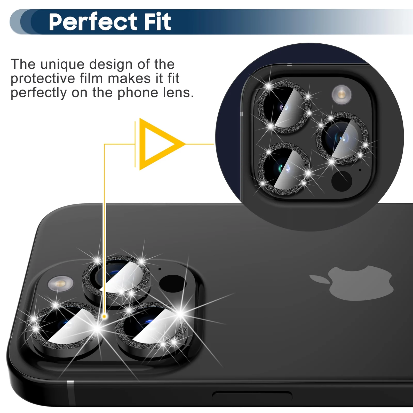 DL3 Mobilak Camera Lens Protector For iPhone 15 Pro/iPhone 15 Pro Max, [Keep Original Shooting] Tempered Glass Screen Protector Metal Individual Camera Cover, Case Friendly - Glitter Black