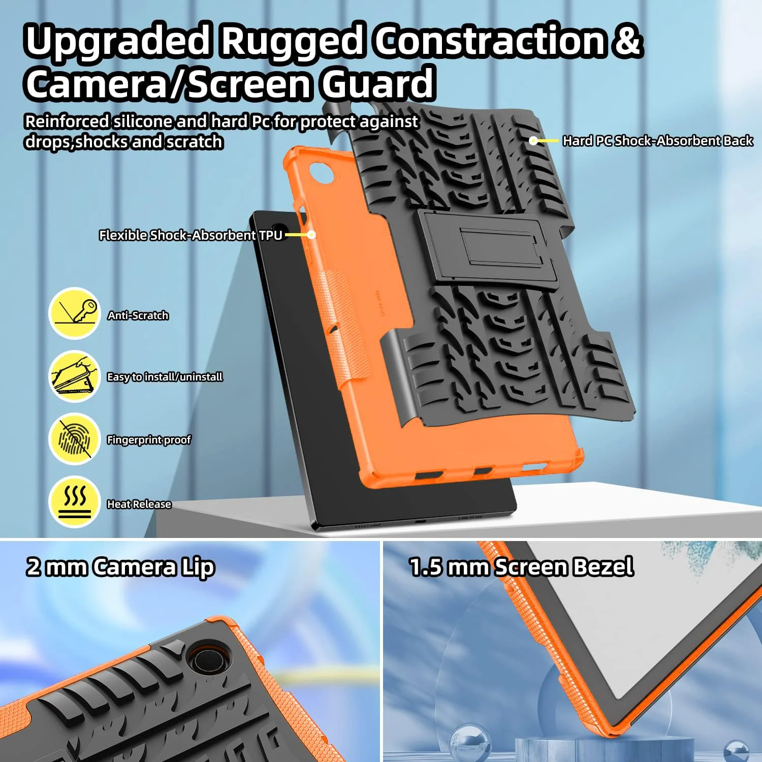 DL3 Mobilak Case For Samsung Galaxy Tab A8 10.5 Inch 2021(-X200/-X205/-X207), Hybrid Rugged Armor Heavy Duty 2 in 1 TPU + PC Combo Dual Layer Shockproof Case with Kickstand - Orange