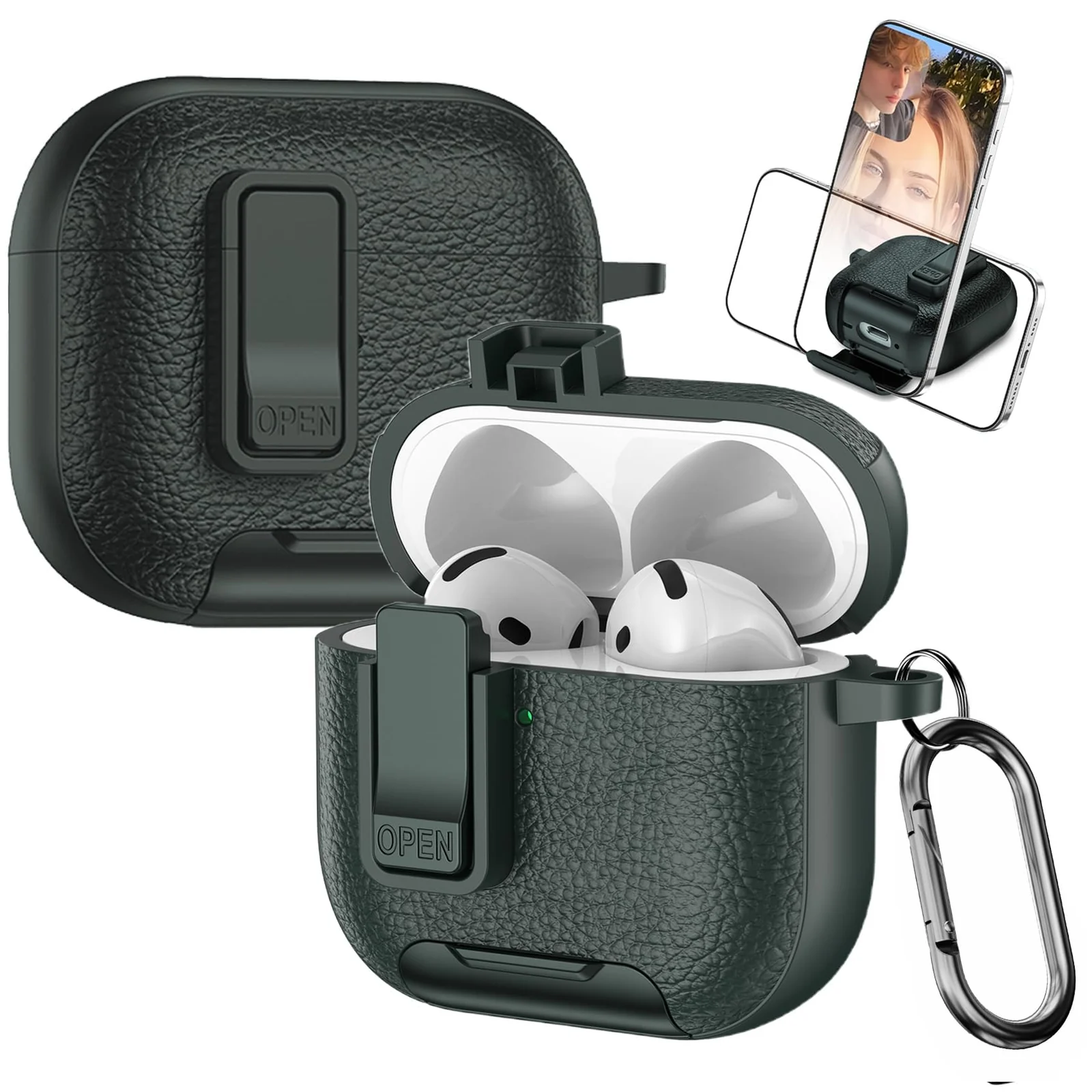 Mobigon for Apple AirPods 3 Leather Case with Secure Lock Clip, Support Wireless Charge, Stand and Charging Port Dustproof Design with Carabiner for AirPods 3